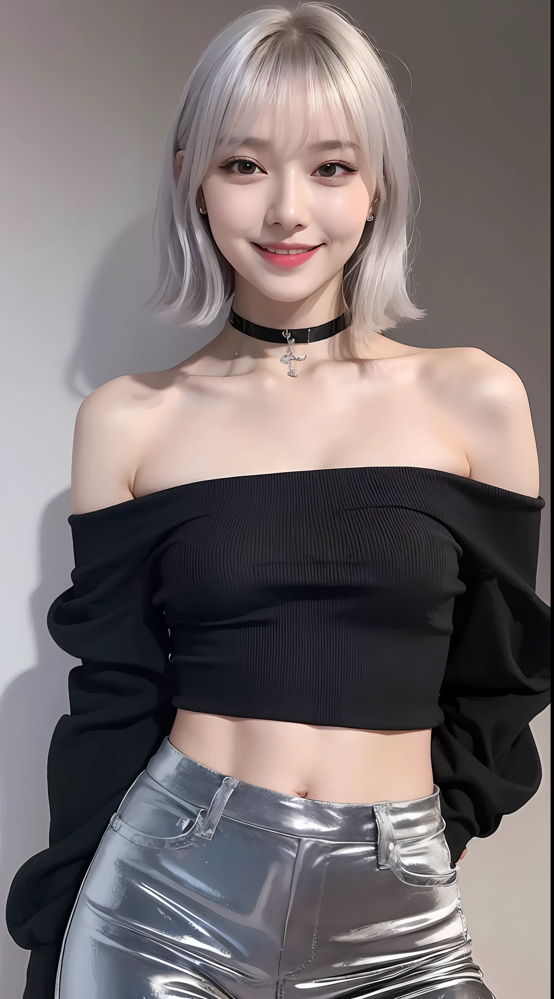 ((Night, Real Light, Best Quality, 8k, Best Masterpiece: 1.3)), 1 Girl, Slender Beautiful Girl: 1.4, Abs 3.0, Ass 3.0, (Silver Hair, Small Breasts 4.0), Shorts: 1.2, Off-Shoulder, White Studio, Ultra Detailed Face, Ultra Detailed Eyes, Double Eyelids, Eyeliner, Bangs Free, Navel, Piercing, Smile, Black Choker