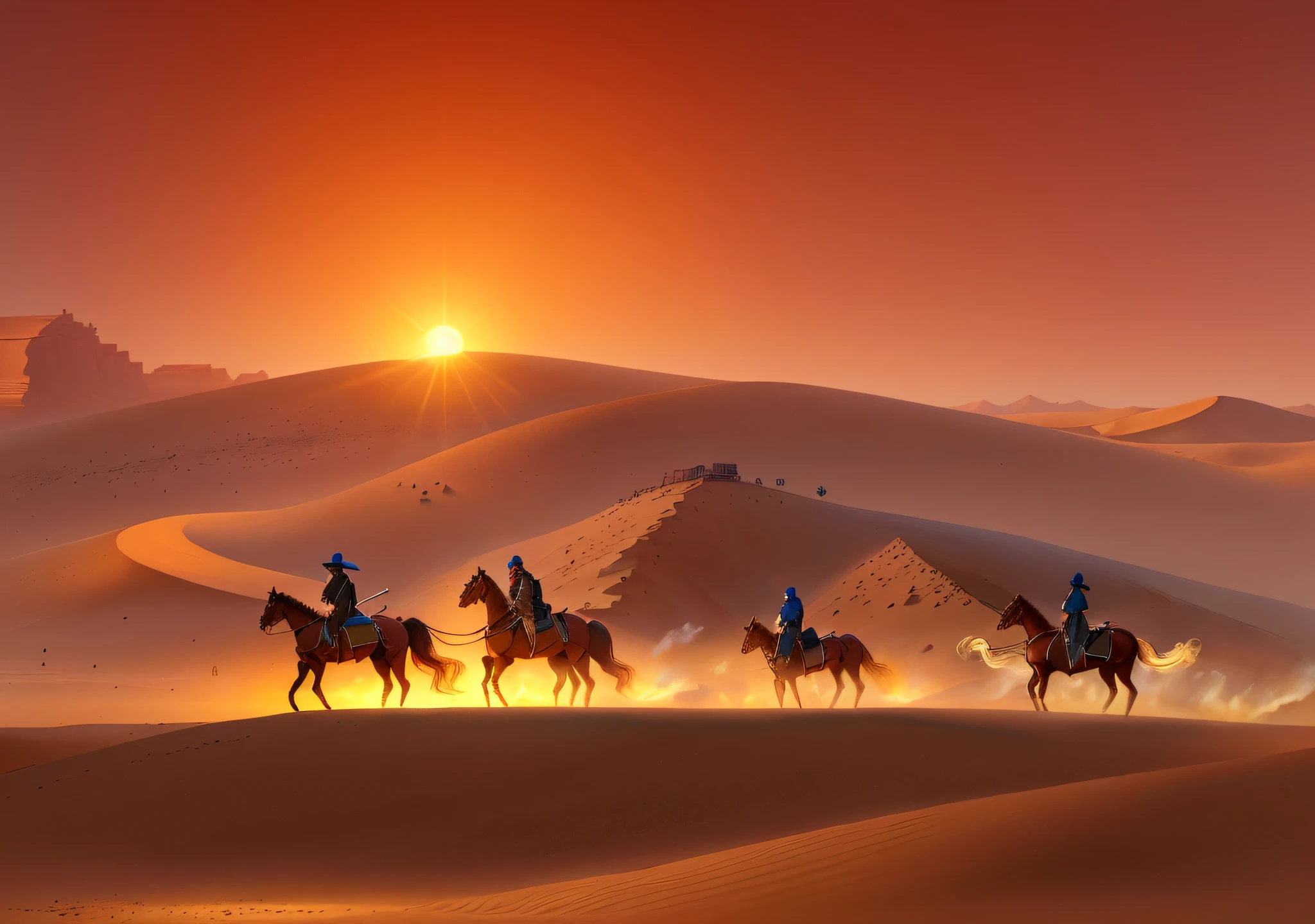 Three people riding horses in the desert at sunset, the movie Silk Road Blue View, Yang J, Sand Desert Fantasy, Huang Shen, Wang E, beautiful artwork illustration, Li Song, inspired by Raphael Lacoste, Raphael Lacoste, beautiful rendering of the Tang Dynasty, 4K HD wallpaper illustration, by Victor Wang, Dune, by Fan Qi
