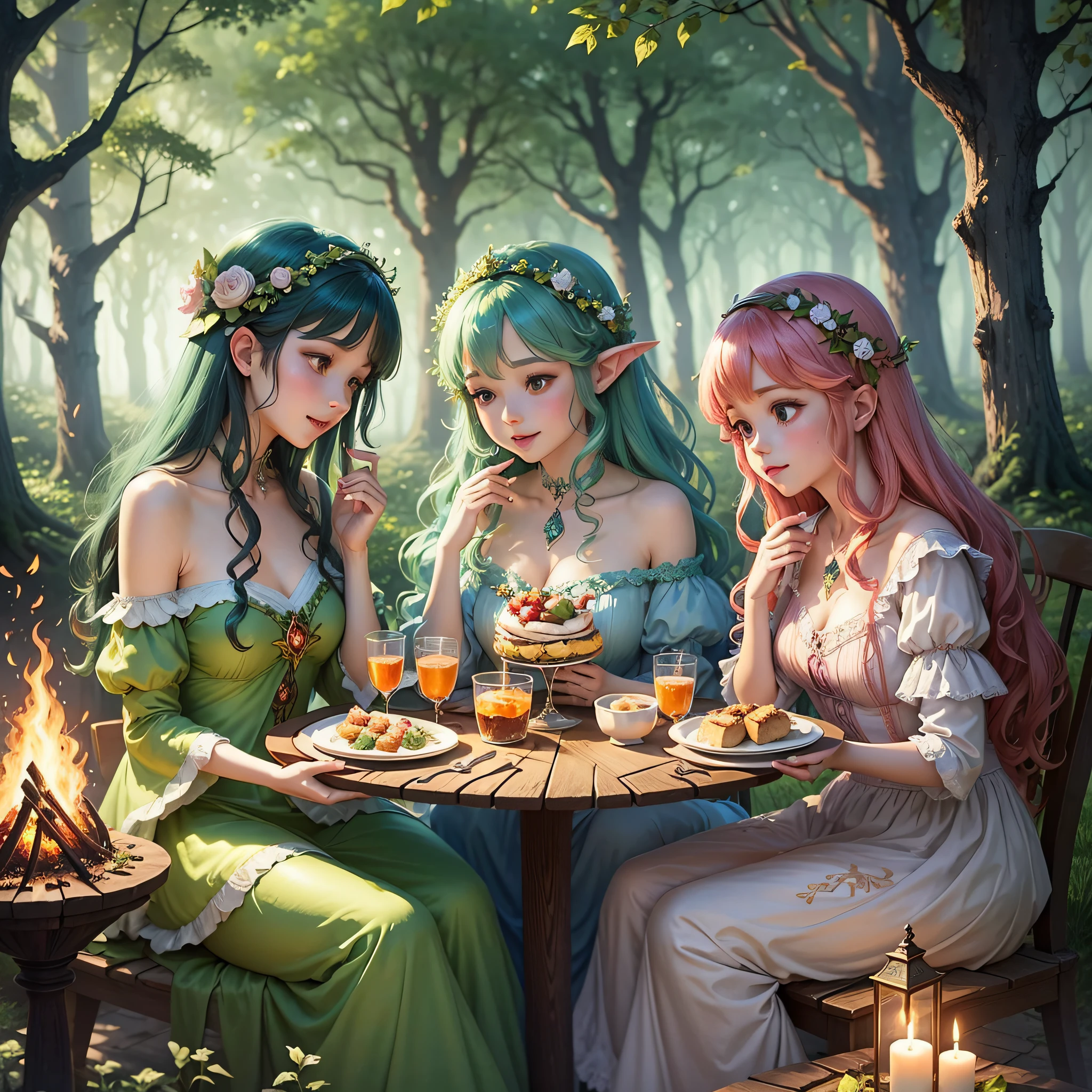 an enchanted forest, with 3 beautiful and delicate and happy fairies, on a bonfire in the middle, eating, dining, 3 happy fairies --auto --s2