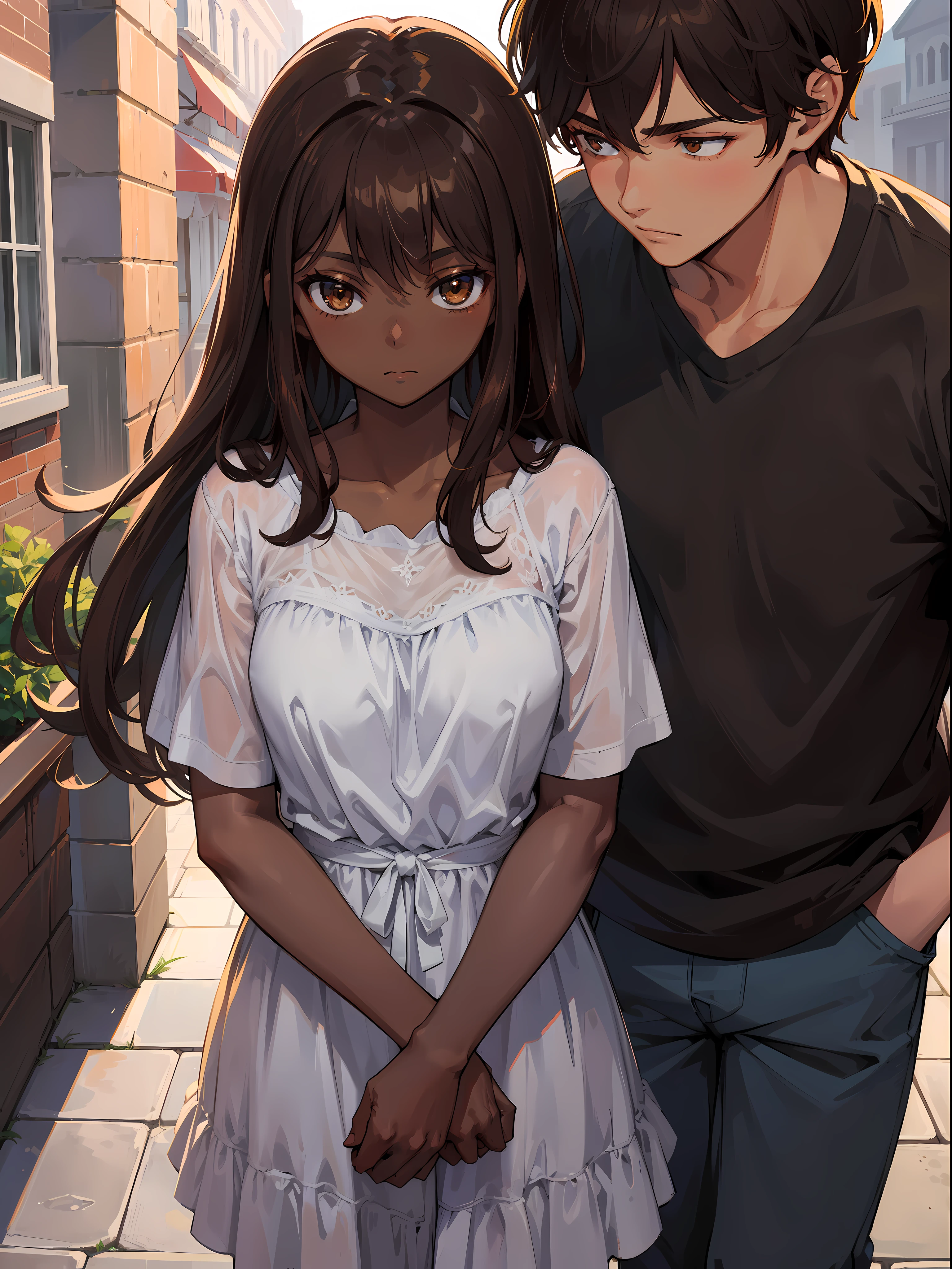 (Romantic Couple:1.2), (1 Dark-skinned girl:1.3), (1 White Boy with brown hair:1.3)