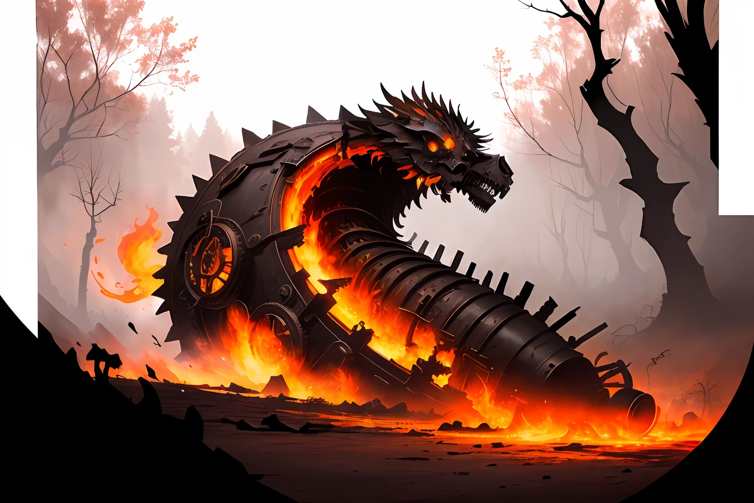 Photorealistic, short shot, masterpiece, best quality, Death Comes, Steampunk style, burning eyes molten lava, cinematic shading, intricate details, rim light, vivid colors, night of full light, graveyard, dry trees, blur motion lens, leaves being blown away by the wind, Greg Rutkowisk