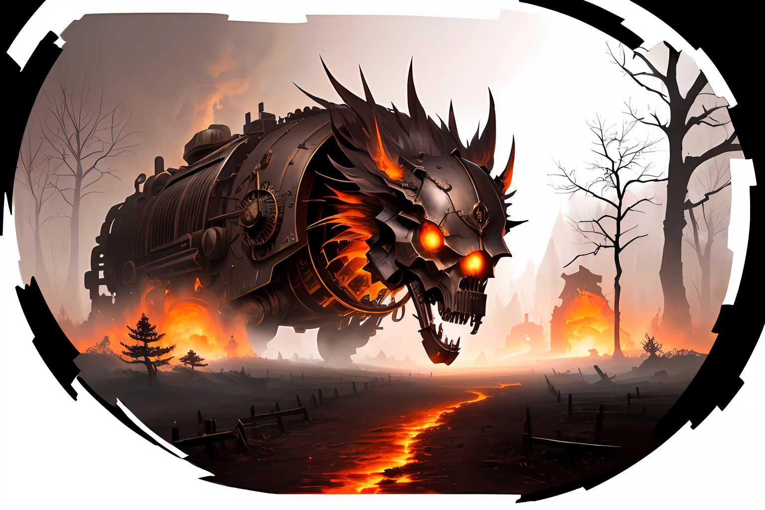 Photorealistic, short shot, masterpiece, best quality, Death Comes, Steampunk style, burning eyes molten lava, cinematic shading, intricate details, rim light, vivid colors, night of full light, graveyard, dry trees, blur motion lens, leaves being blown away by the wind, Greg Rutkowisk