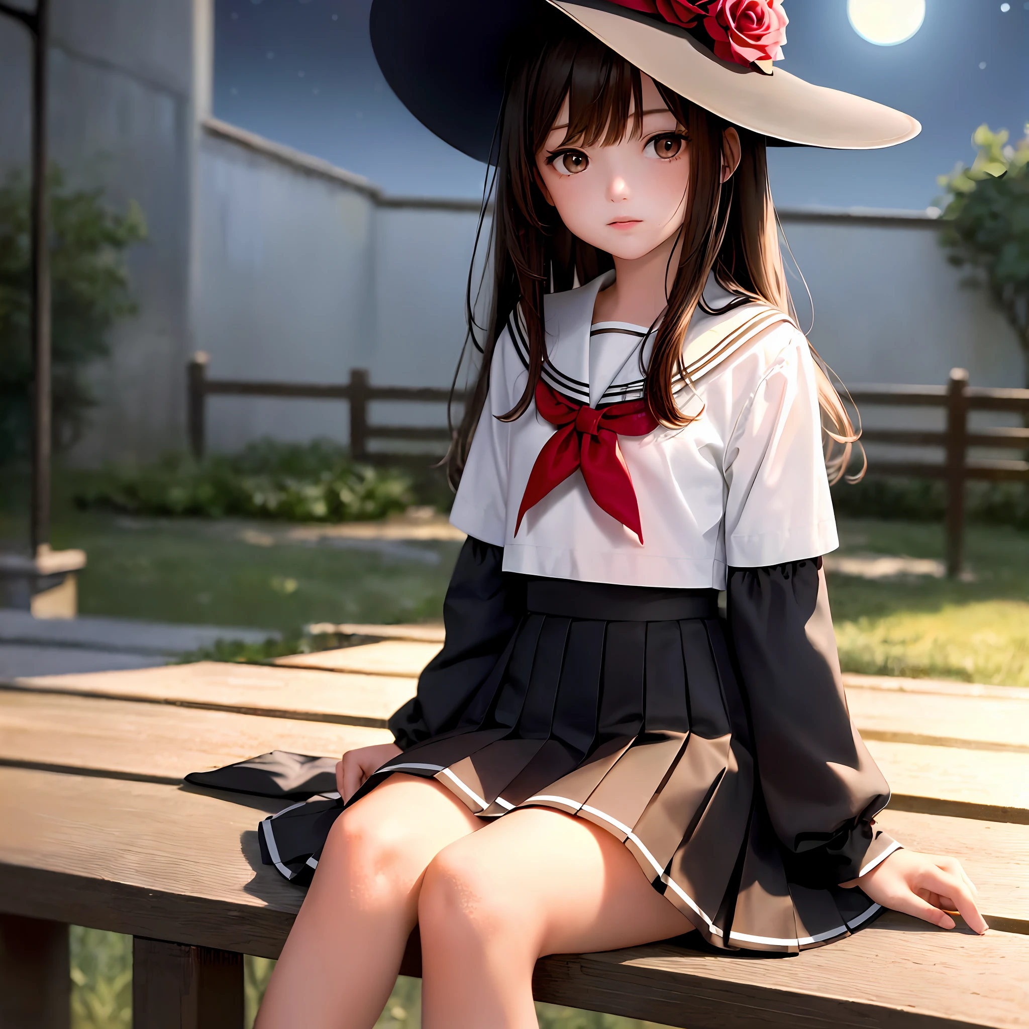 Masterpiece, Best Quality, Ultra Detailed, Illustration, Colorful, FAQ Color, Depth of Field, Lens Glow, 1girl, Anime, Seated, Brown Hair, Brown Eyes, Looking at the Audience, (Night: 1.2), (Clear Moonlight: 1.2), Garden, Rose, Sky Blue Hat, Witch Hat, White Short Sleeves, Sky Blue Skirt, Pleated Miniskirt, Serafuku, Delicate Skin Texture, Delicate Fabric Texture, Beautiful and Meticulous Face,