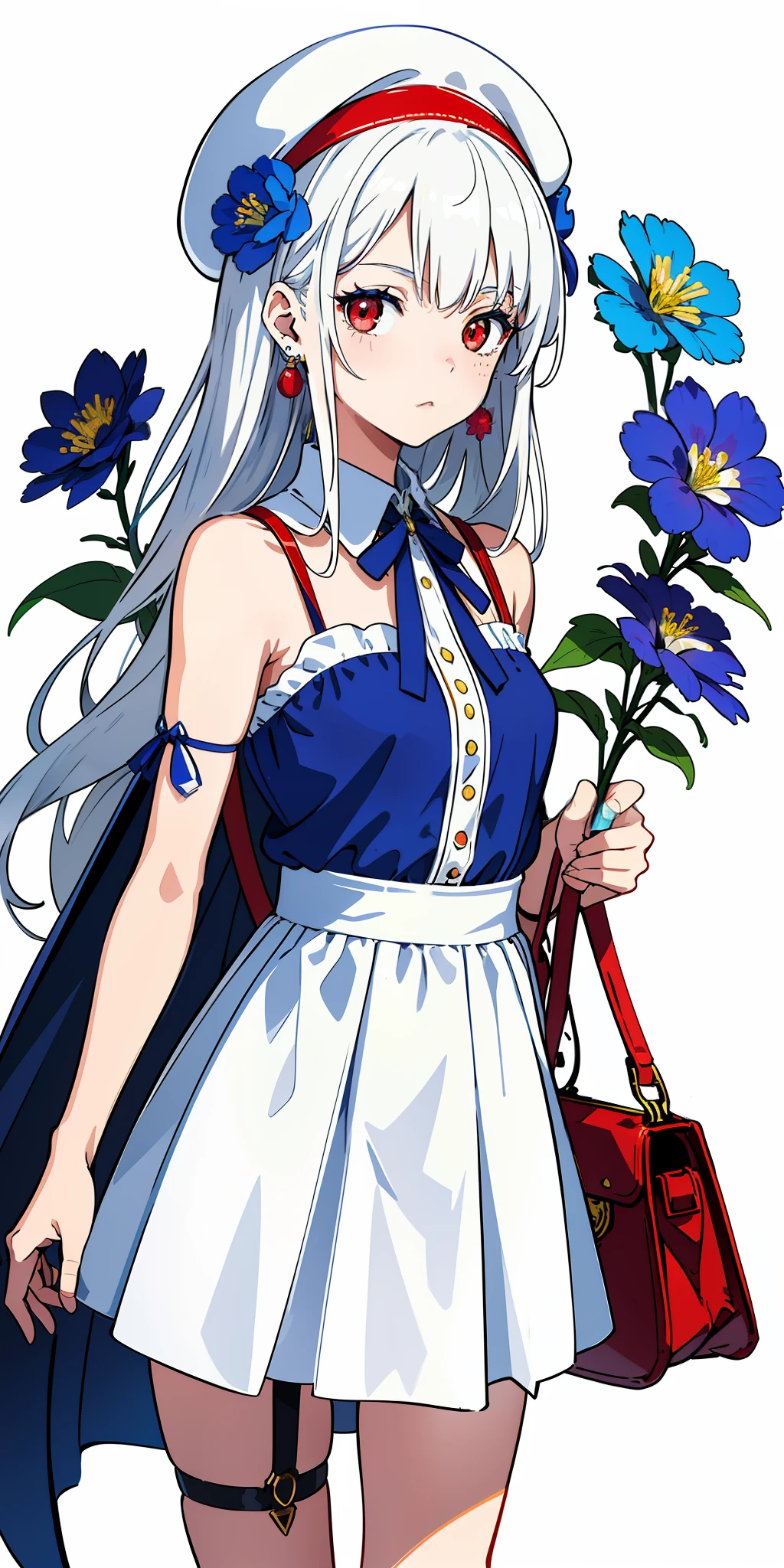 (super detailed), (illustration), simple background, (extremely delicate beautiful girl), (pretty face), 1 (white hair: 1.5) and light cute girl with red eyes and (berets: 1.2) and (shoulder bag: 1.2), long hair, blue headband, blue ribbon, (white armor skirt), hair flowers, earrings, pendants, (thigh straps), (colored ink paper flowers grow on face: 1.2), cyberpunk