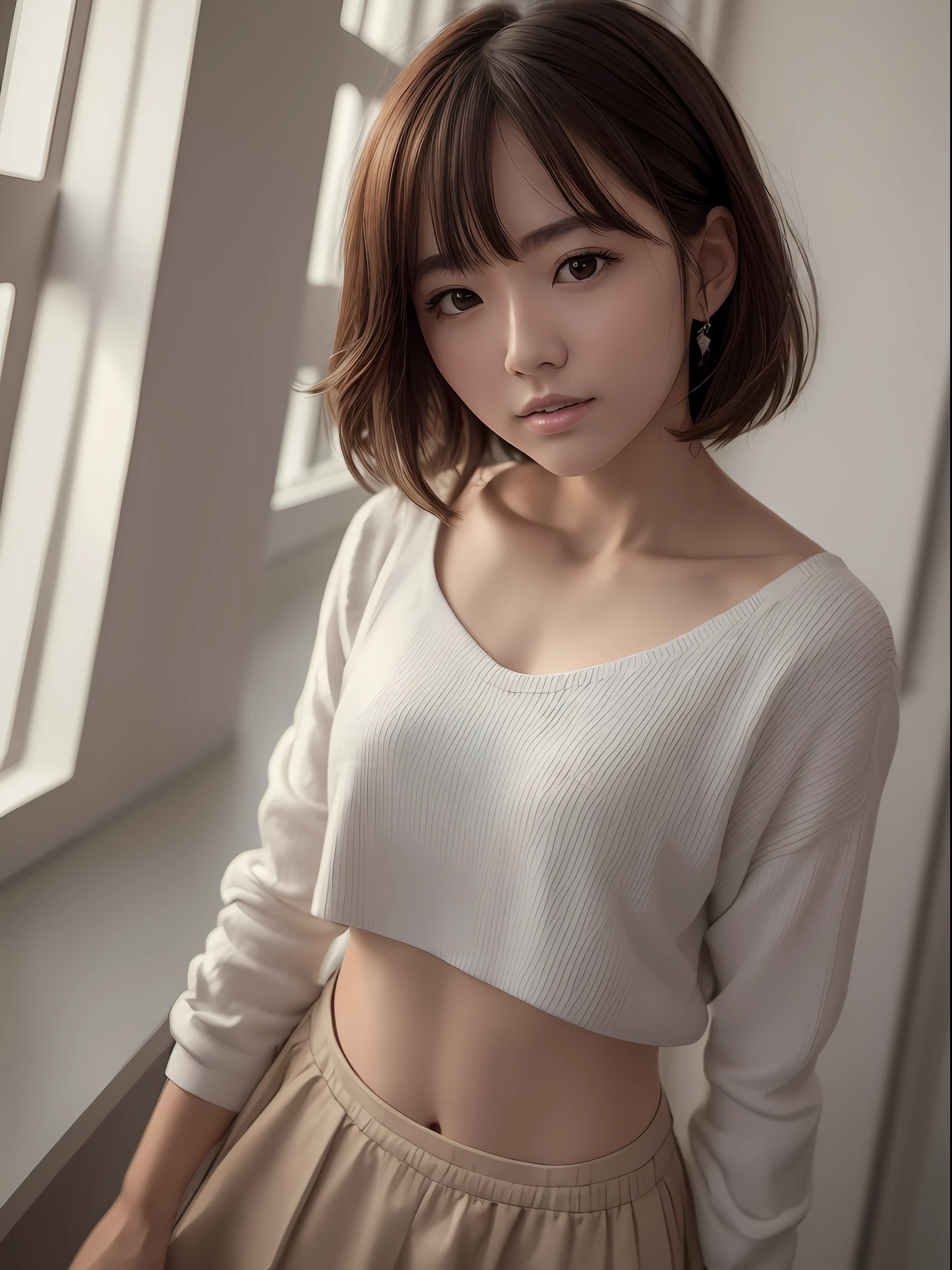 ((Best quality, 8k, Masterpiece: 1.3)), Sharp focus: 1.2, 1 AKB48 women, beautiful face girl, cute face, age 28, small breasts, flat chest, short messy hair, standing, drinking a mineral water, UNIQLO white casual clothes, skirt, office, sunlight, dramatic angle, kindness, cinematic lighting, (8k, masterpiece, best quality, raw photo)