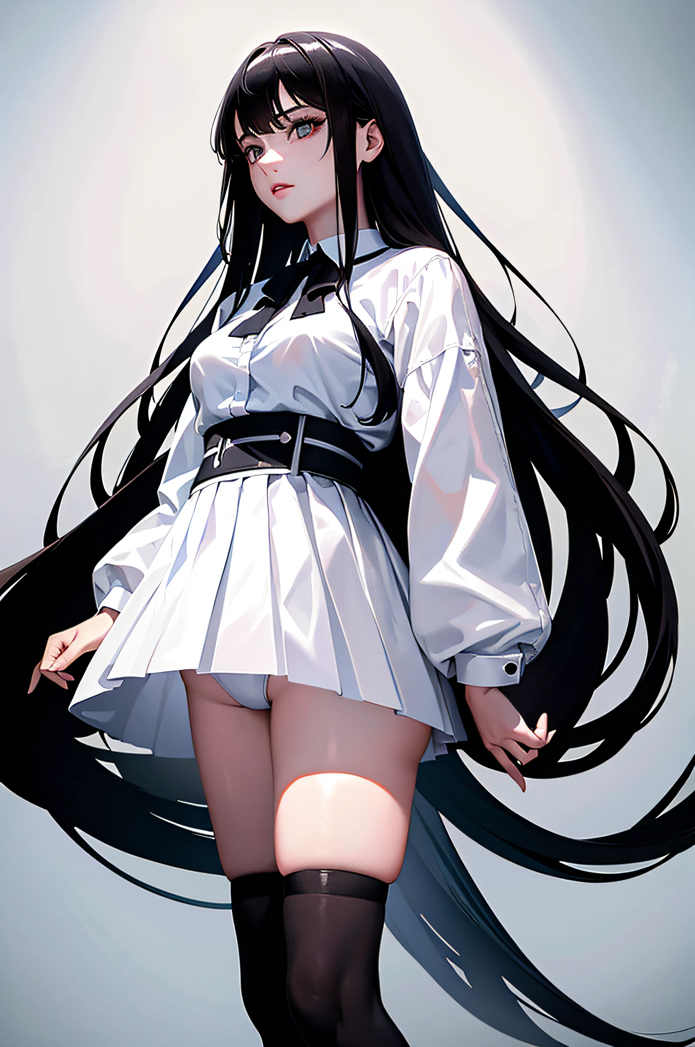 ((masterpiece, best_quality)), 1girl, (photorealistic:1.4),  solo, white_background, black_hair, long_hair,   zettai_ryouiki, skirt, ((full_body)),