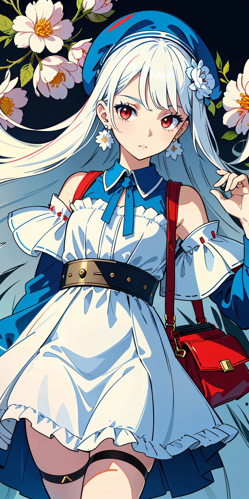 (super detailed), (illustration), simple background, (extremely delicate beautiful girl), (pretty face), 1 (white hair: 1.5) and light cute girl with red eyes and (berets: 1.2) and (shoulder bag: 1.2), long hair, blue headband, blue ribbon, (white armor skirt), hair flowers, earrings, pendants, (thigh straps), (colored ink paper flowers grow on face: 1.2), cyberpunk