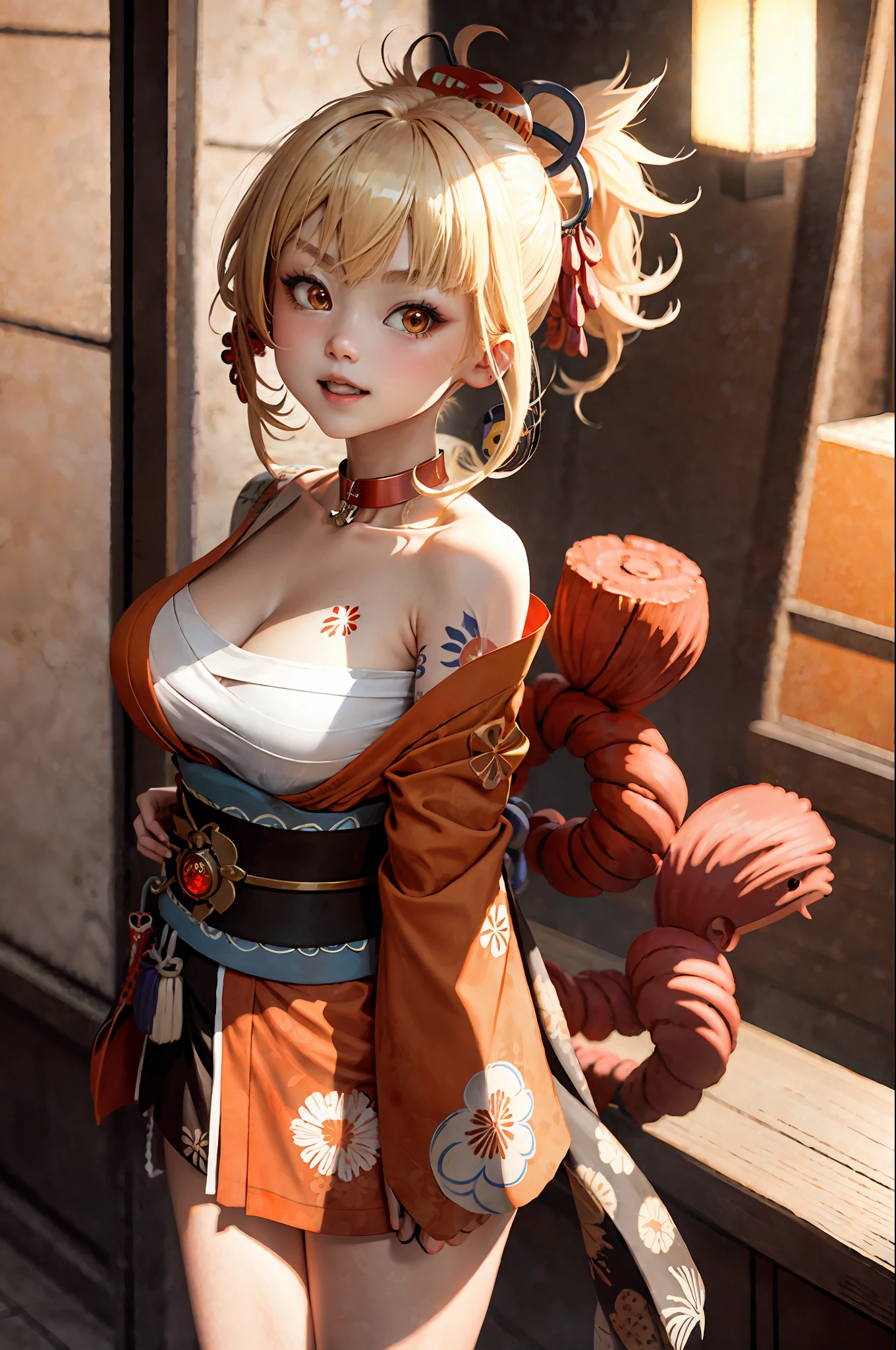masterpiece, super, highres, 1girl, blonde, medium hair, asymmetric hair, floating hair, hair between eyes, high ponytail, side hair, hair accessories, fish hair ornaments, tassels, kanzashi, bangs, orange eyes, open mouth, smile, teeth, upper teeth only, collar, red collar, pendant collar, butterfly collar, collarbone, tattoo, chest tattoo, flower tattoo, cleavage, medium breast, thigh, bandage, bandage leg, sarashi, budget sarashi, Chest sarashi, black belt, hadanugi dousa, houkisei, japanese clothing, kimono, kinchaku, obi, obiage, obijime, orange kimono, pouch, printed kimono, rope, belt, shimenawa, short kimono, single bare shoulder, vision (genshin impact), East Asian architecture, cherry blossoms, full body, arms behind,