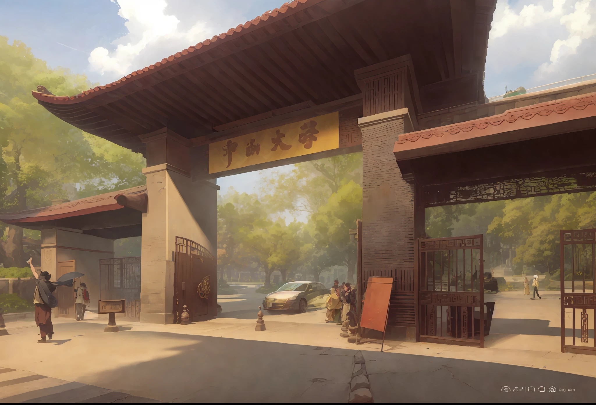 Perfect anime illustration, an ancient legendary fantasy kingdom full of people and merchants, the capital of magic and gods, depicts people walking in front of the gated entrance of the park, in front of the campus of Sun Yat-sen University, there is a car about to leave the school gate, there is a man stretching at the school gate, surreal clouds, breathtaking lush trees