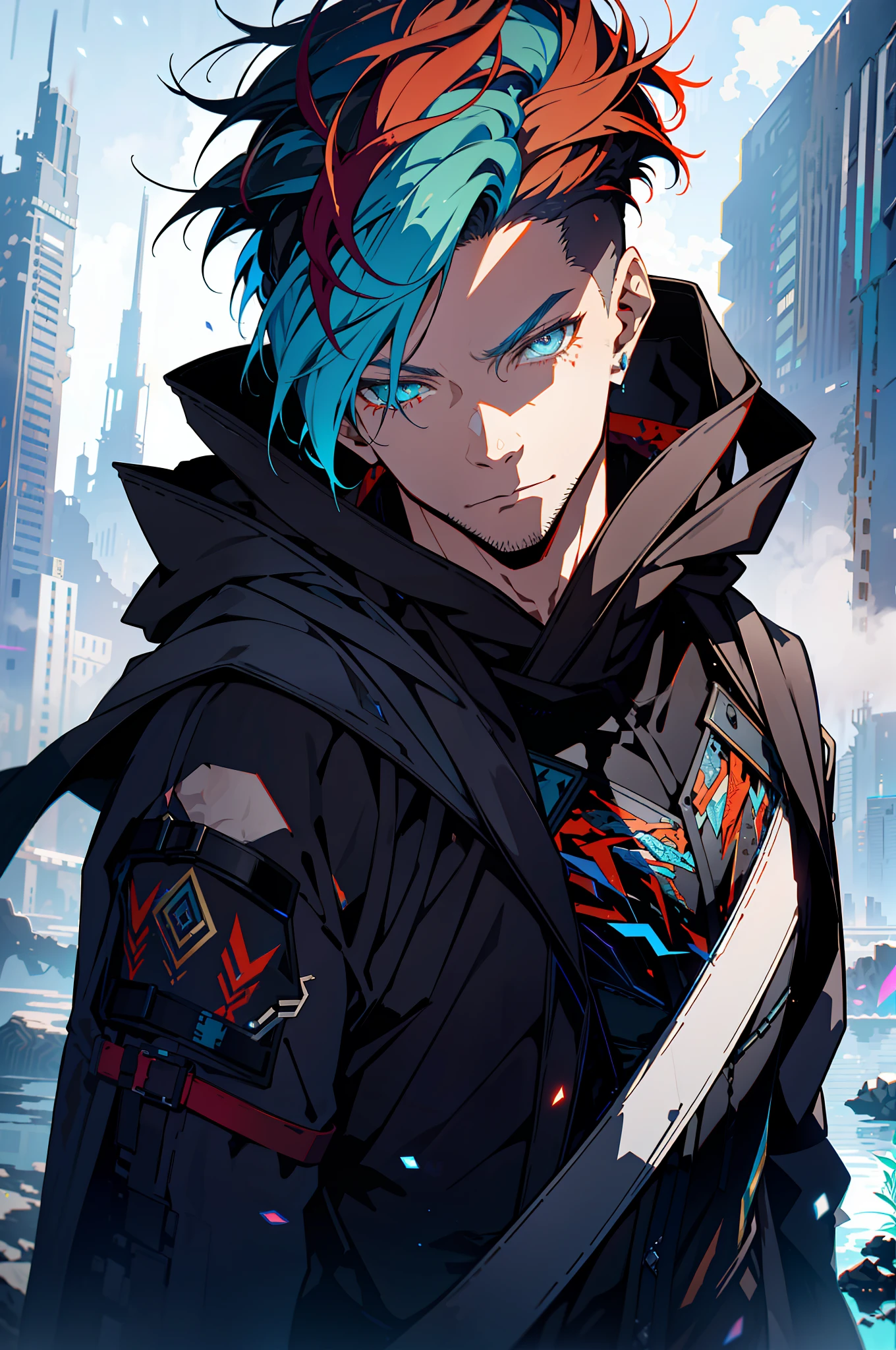 Cyberpunk male, fantasy world, dark background, clean design, epic instagram, artstation, colorful paint splatter, silhouette, hyper detailed intricate details, unreal engine, fantasy, intricate details, splash screen, complementary colors, Fantasy concept art, 8k resolution, deviantart masterpiece, oil painting, heavy strokes, paint dripping, (isolated on white background: 1.3), rainbow skin, (((handsome young man))), ((teenage:1.5) ), (glowing brown eyes), ((light eyes)), ((((short blue hair: 1.1))), ((black clothes)), (prince\\(indifferent expression\\),, ( ((Wears high detail luxurious black robe))), red hair, frost magic, ((chest)) --v 6