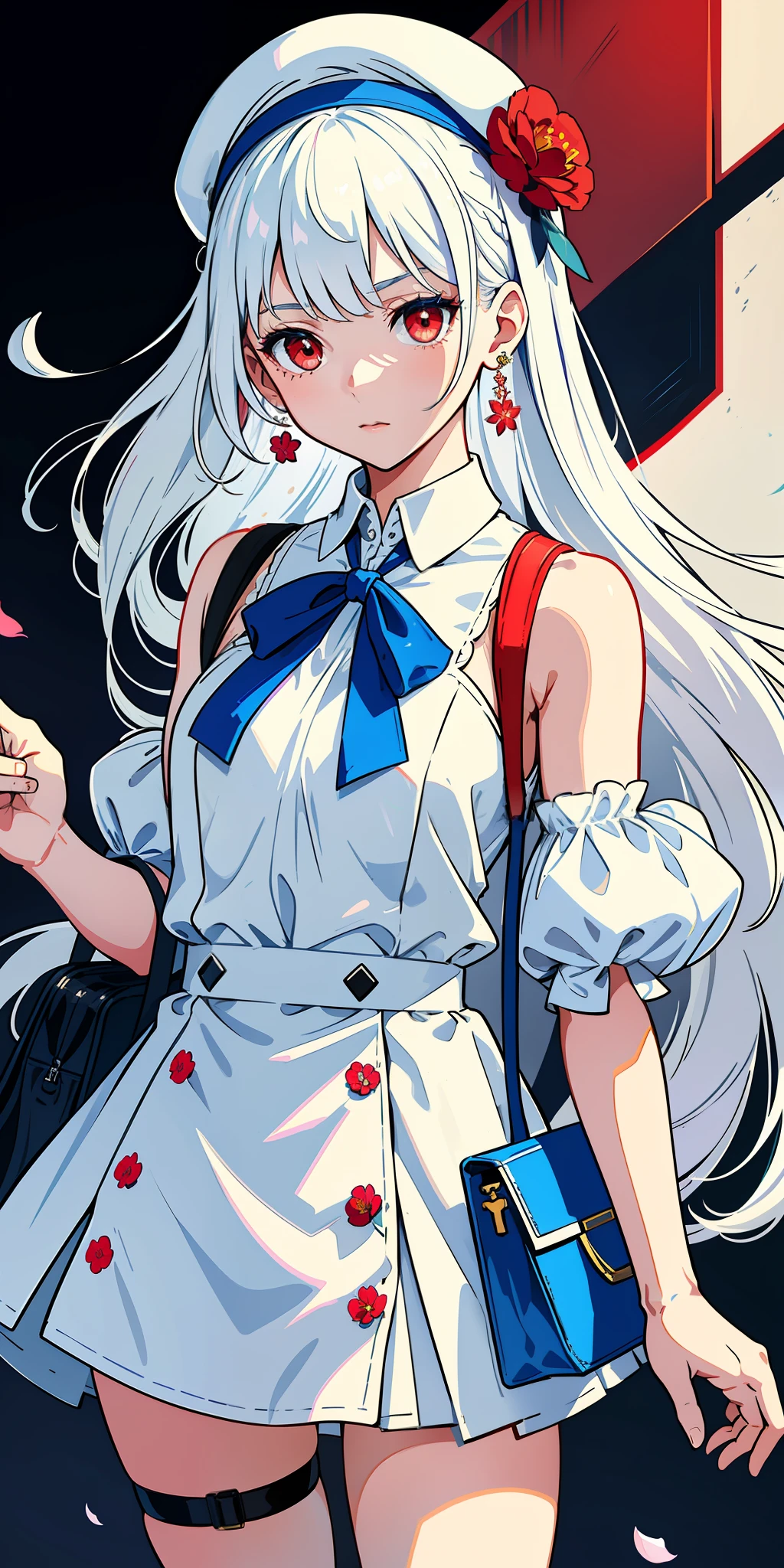 (super detailed), (illustration), simple background, (extremely delicate beautiful girl), (pretty face), 1 (white hair: 1.5) and light cute girl with red eyes and (berets: 1.2) and (shoulder bag: 1.2), long hair, blue headband, blue ribbon, (white armor skirt), hair flowers, earrings, pendants, (thigh straps), (colored ink paper flowers grow on face: 1.2), cyberpunk