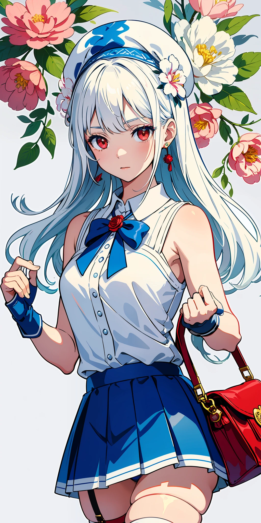 (super detailed), (illustration), simple background, (extremely delicate beautiful girl), (pretty face), 1 (white hair: 1.5) and light cute girl with red eyes and (berets: 1.2) and (shoulder bag: 1.2), long hair, blue headband, blue ribbon, (white armor skirt), hair flowers, earrings, pendants, (thigh straps), (colored ink paper flowers grow on face: 1.2), cyberpunk