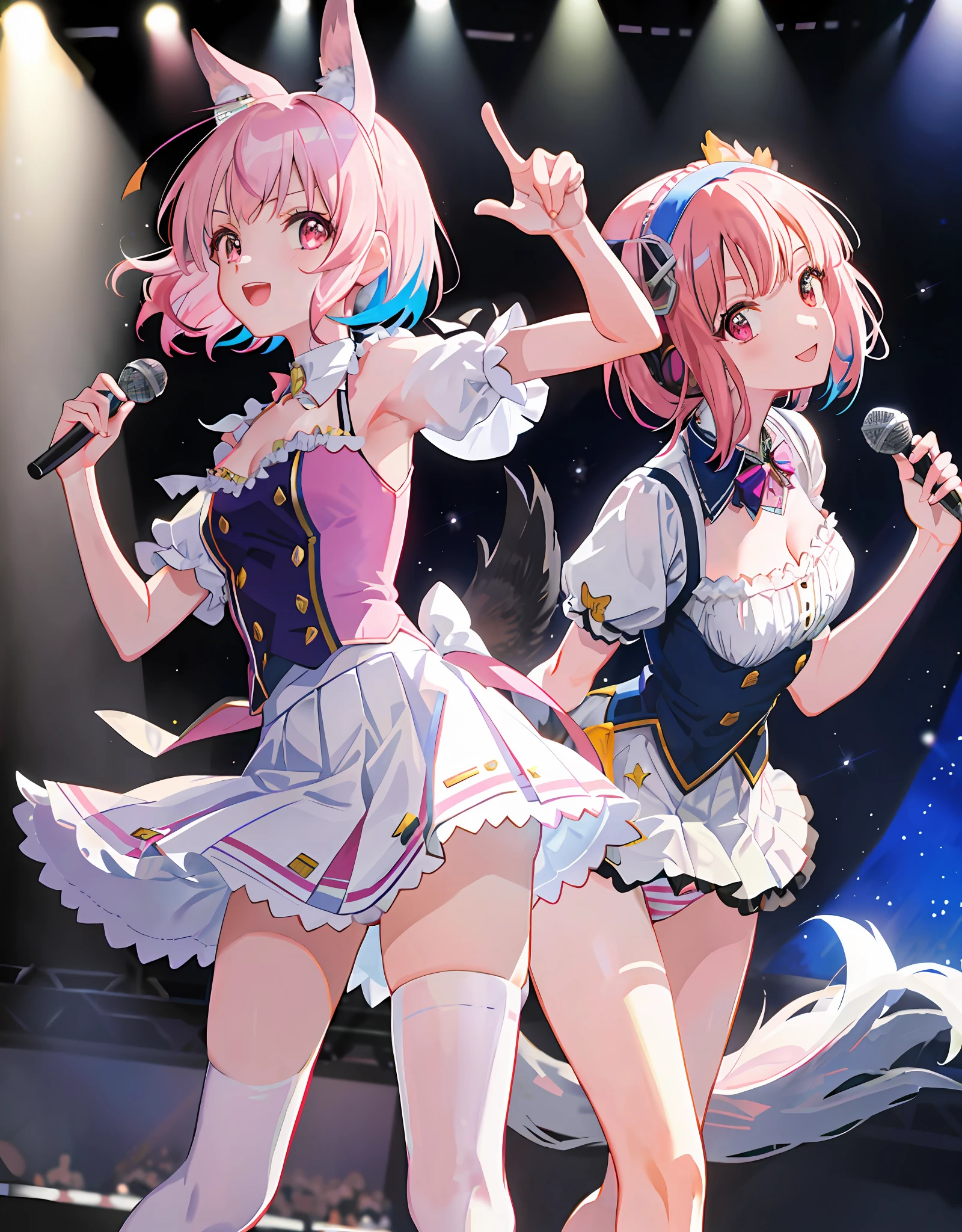 Dynamic angle, 8k, thick paint 5, upper body, 2 girls, smile, wolf ears, wolf tail, pink eyes, hair between the eyes, striped hair, striped hair, (((Colorful hair color: 1))))), (((Random hair color: 1)))), colorful hairstyle: 2, (((perfect fingers, perfect 5 fingers)))), D cups, cleavage, noble and delicate clothes with a lot of ruffles and ribbons, Mini skirts, love live costumes, Idolmaster costumes, white uniforms, jewelry, (((on the big AI stage))), singing on the AI stage, holding the microphone to the left, singing, best live, professional lighting, concerts, guerrilla live, ((against the backdrop of the city of Shibuya, lots of customers))), (((panties, cute panties))