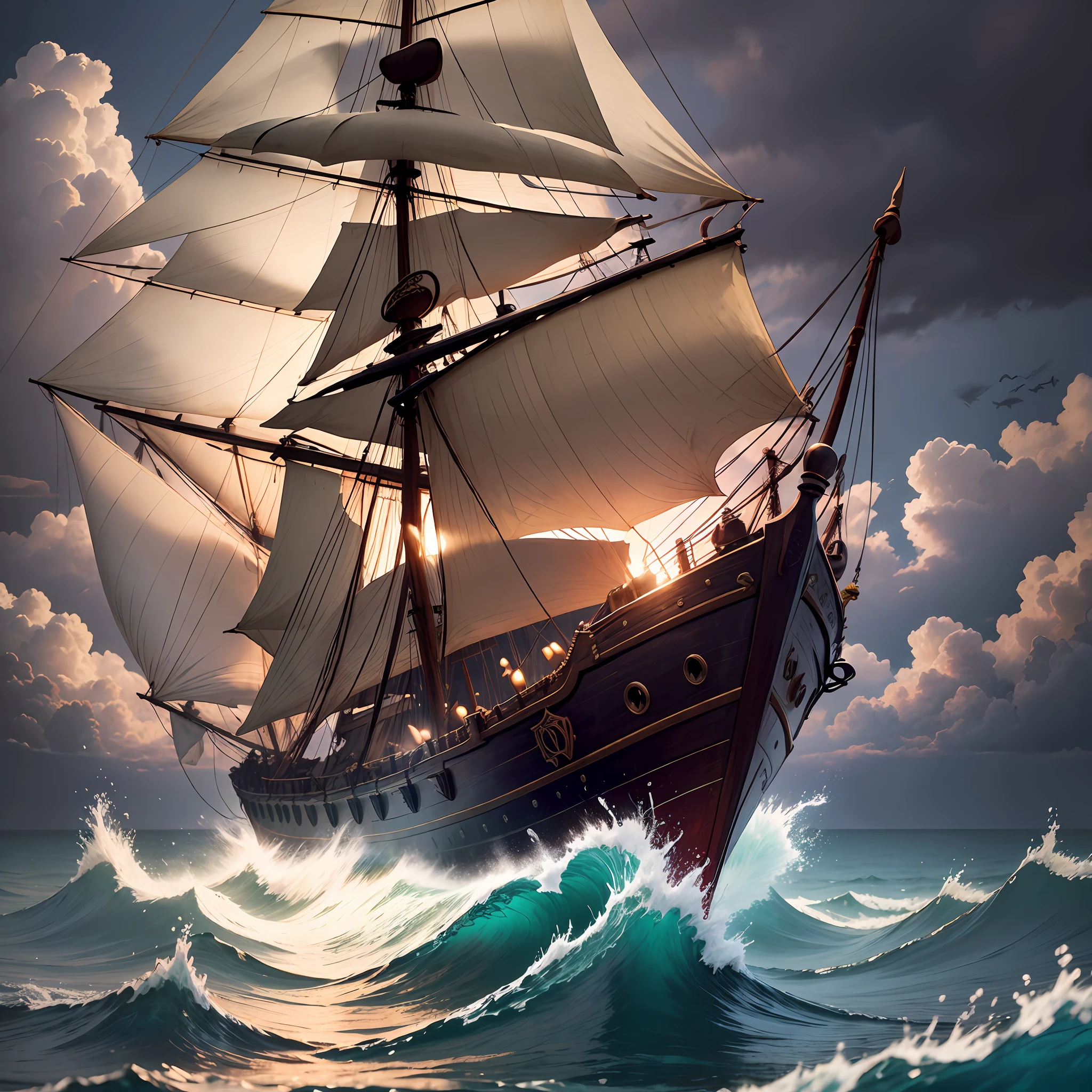 Horizontal picture, dusk light and shadow, a wine bottle with seawater, an ancient sailing ship floating in the sea, blurred edges, with the atmosphere of the movie "Pirates of the Caribbean". --auto --s2