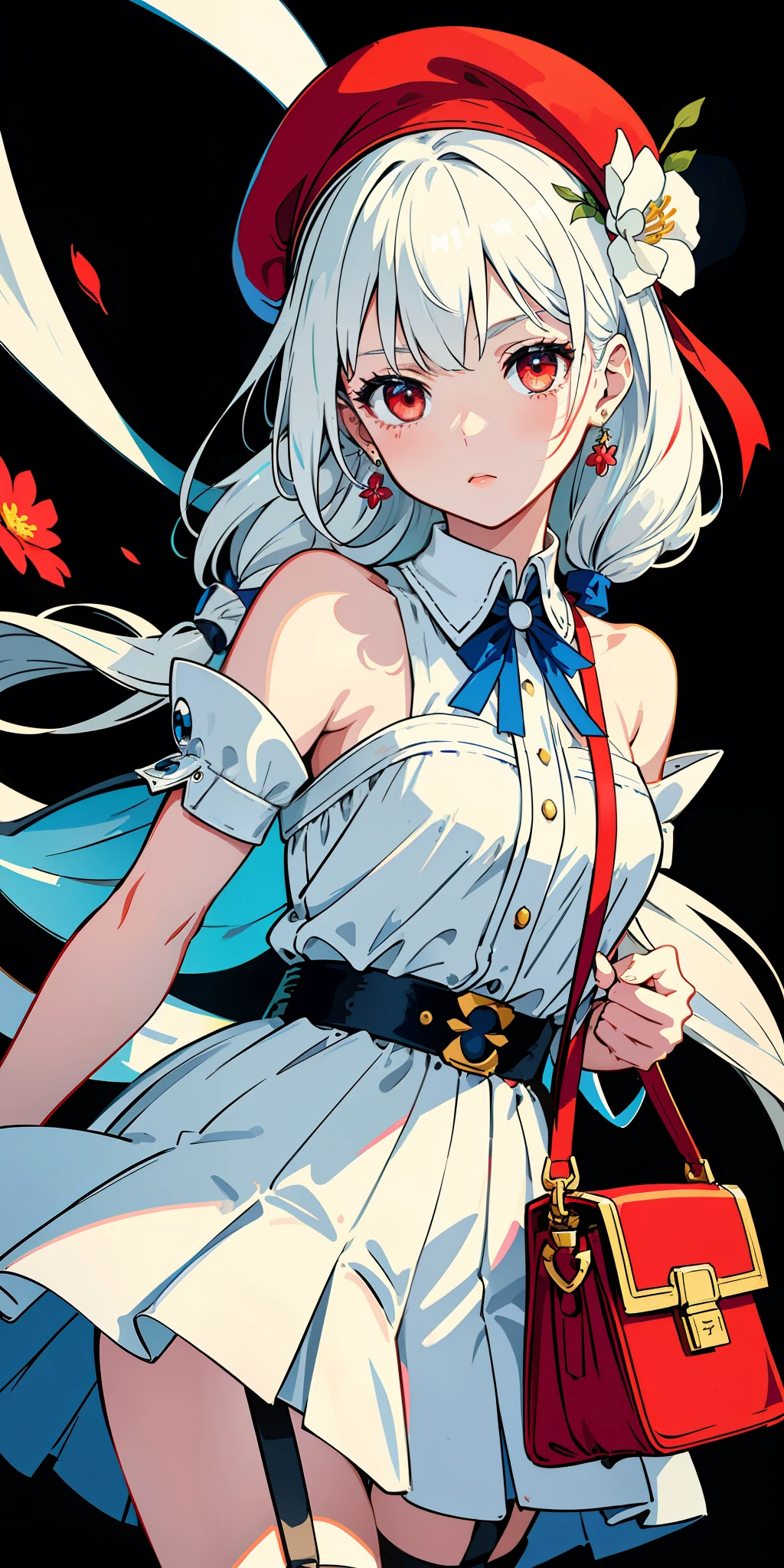 (super detailed), (illustration), simple background, (extremely delicate beautiful girl), (pretty face), 1 (white hair: 1.5) and light cute girl with red eyes and (berets: 1.2) and (shoulder bag: 1.2), long hair, blue headband, blue ribbon, (white armor skirt), hair flowers, earrings, pendants, (thigh straps), (colored ink paper flowers grow on face: 1.2), cyberpunk
