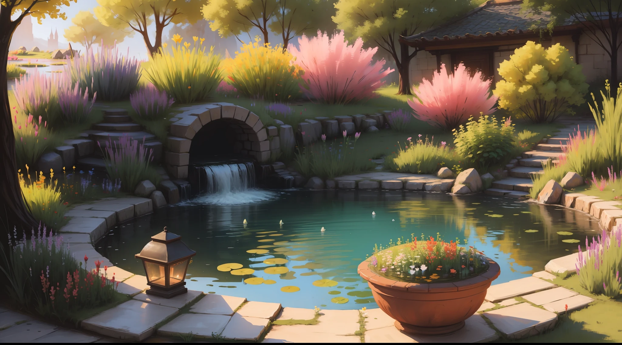 Fantasy landscape with flowers fish pond and cascanta --auto --s2