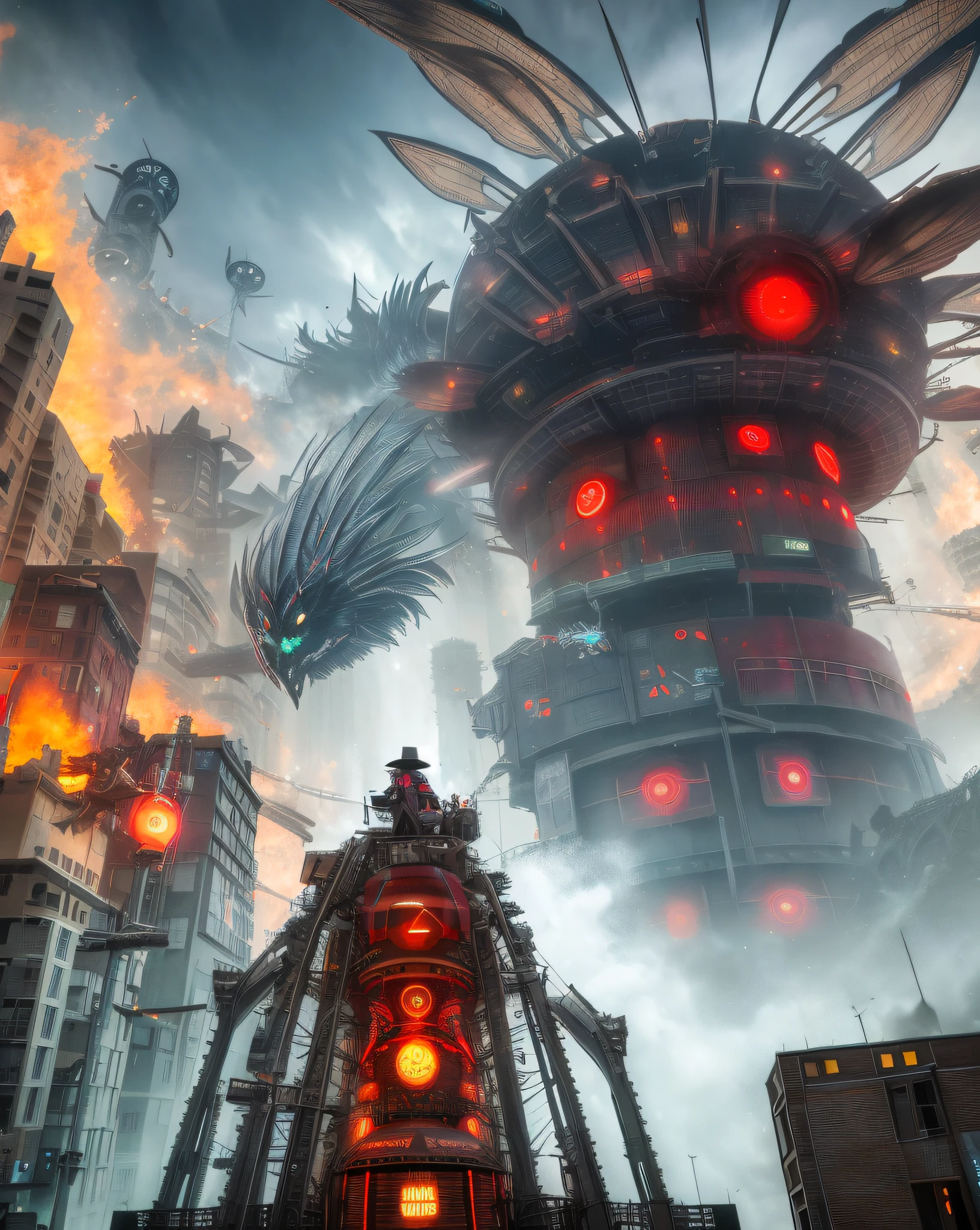 A giant machine and a city, Rube Goldberg's poster art, Sharingan, Wind and Cold Theme, Epic Splash Art, Psychedelic Art, Surrealism, Red-Eyed Raven, Dollar, Lightning, Green Light, 4K