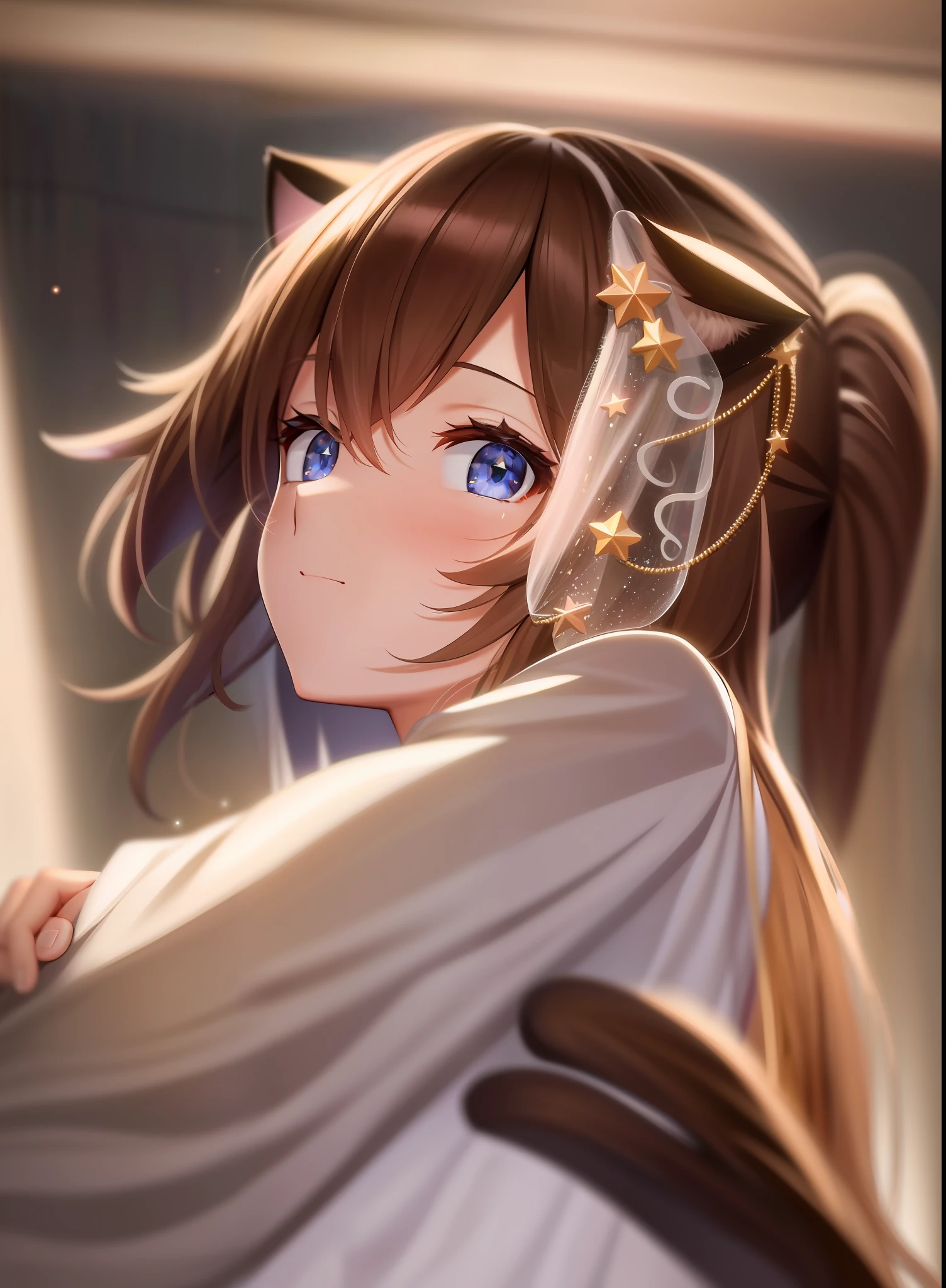 Brown hair, slightly starry eyes, 8k HD, two-dimensional, cat ears, wedding dress, single front close-up, reddish face