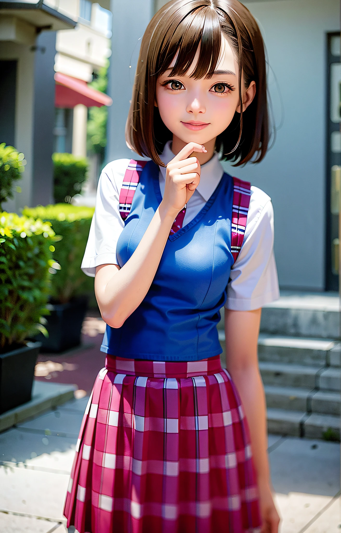 (((medium hair))), best quality, 8K, HDR, highres, absurdres:1.2, blurry background, bokeh:1.2, Photography, (RAW photo:1.2), (photorealistic:1.4), (masterpiece:1.3), (intricate details:1.2), 1girl, solo, japanese girl, delicate, beautiful detailed, (detailed eyes), (detailed facial features), petite, (((small breasts))), skin tight, (looking_at_viewer), from_front, (skinny), (best quality:1.4), (ultra highres:1.2), cinema light, (extreme detailed illustration), (lipgloss, best quality, ultra highres, depth of field, caustics, Broad lighting, natural shading, 85mm, f/1.4, ISO 200, 1/160s:0.75),1girl, solo, (((blue vest))) ((smile)), ((school uniform, pink pleated skirt with checker pattern))