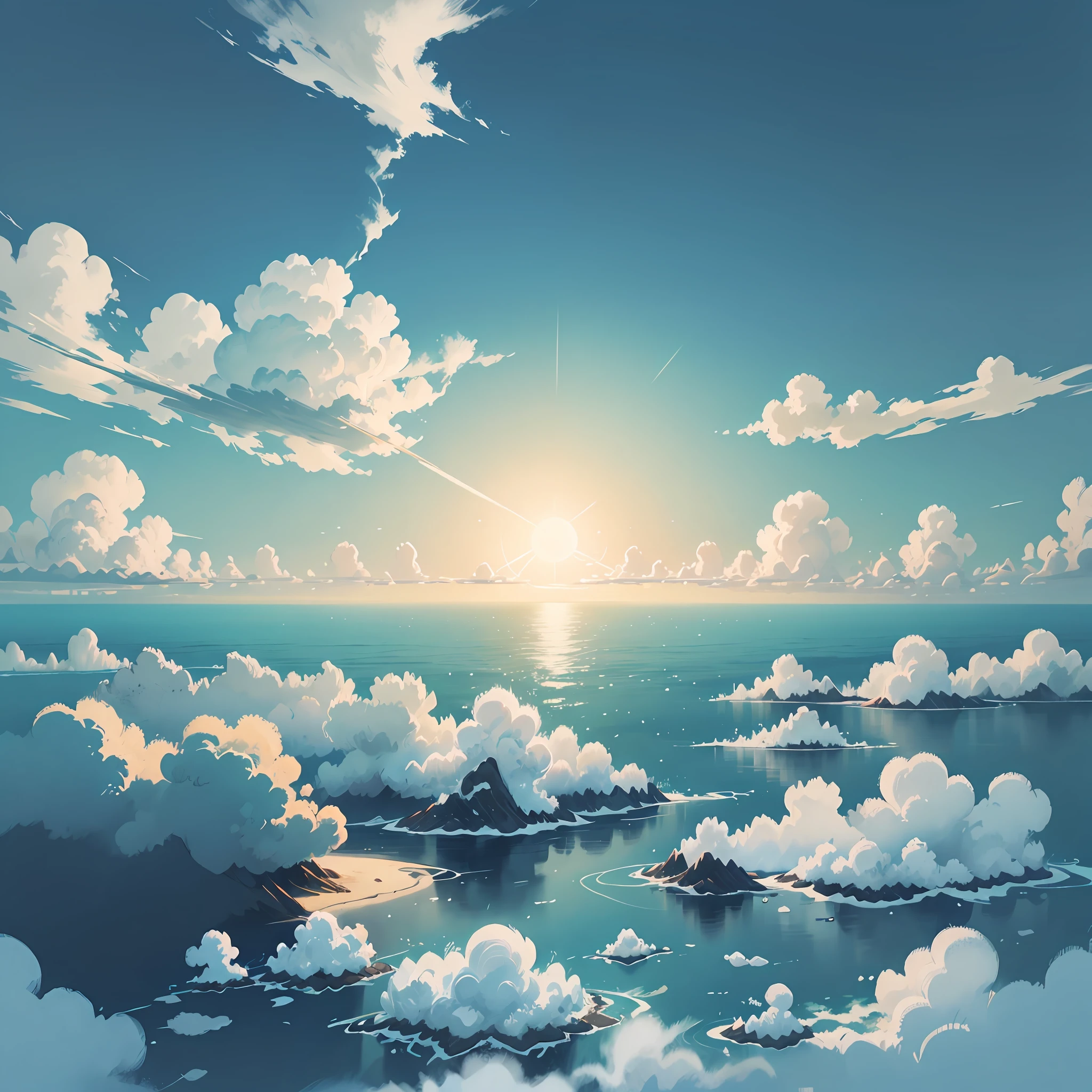 Clear sky, white clouds, vastness of the ocean, rising sun.