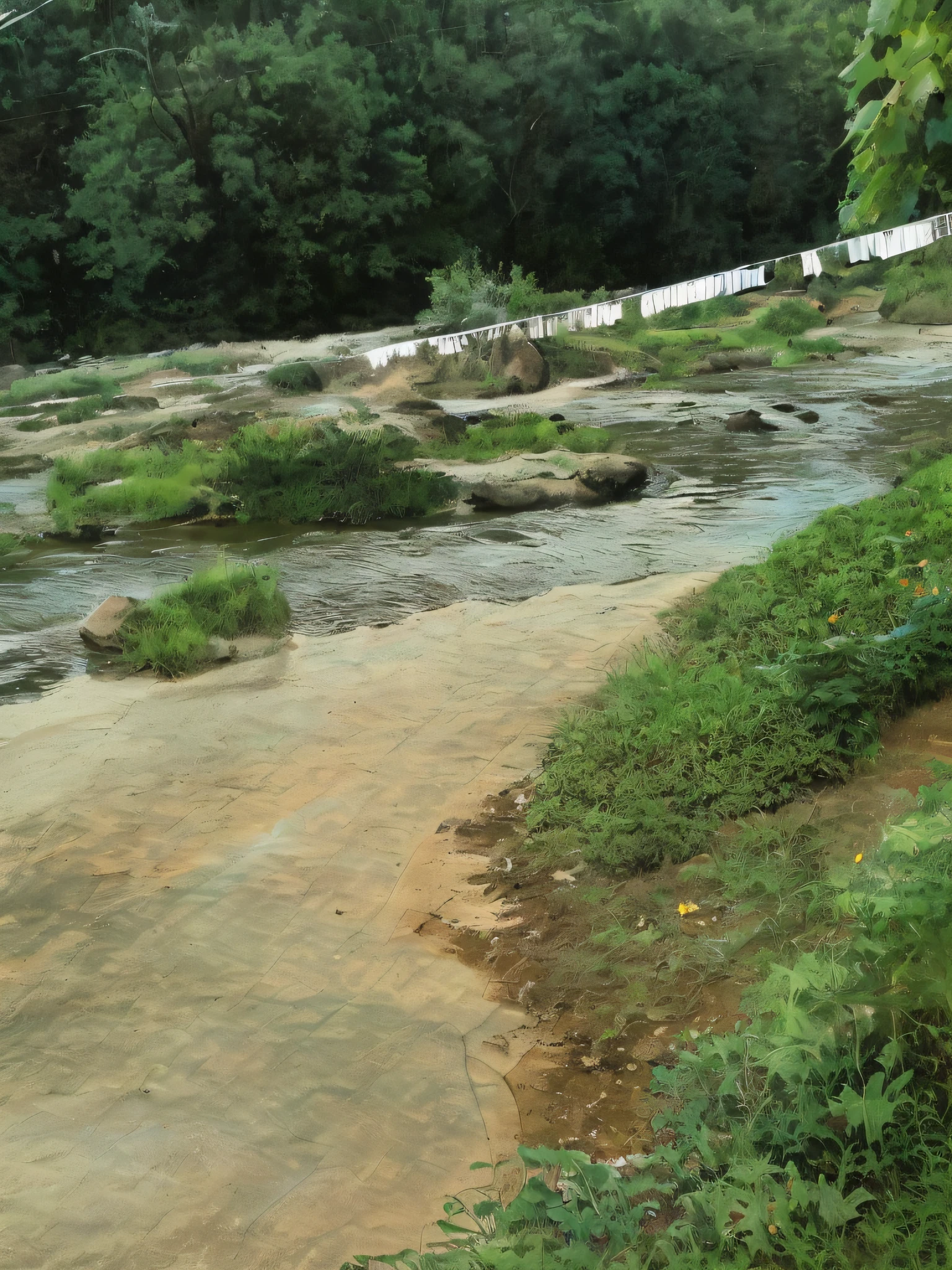 there is a man that is standing on a rock by a river, river with low hanging plants, the river is flowing its way, river confluence, lavs flowing through the land, small river on the ground, dry river bed, erosion channels river, paddy fields and river flowing, river flowing beside the robot, sandfalls, with a river running through it