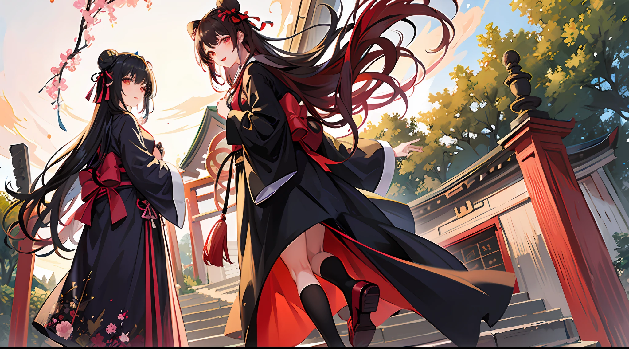 ((masterpiece,best quality)),2girls, black kimono, black legwear, black ribbon, black hair, cherry blossoms, day, flower, hair bun, hair ribbon, japanese clothes, kimono, long hair, looking at viewer, looking back, multiple girls, belt, outdoors, red eyes, red hair, ribbon, sandals, single bun, stairs, standing, statue, torii, tree, yellow eyes, witch costume