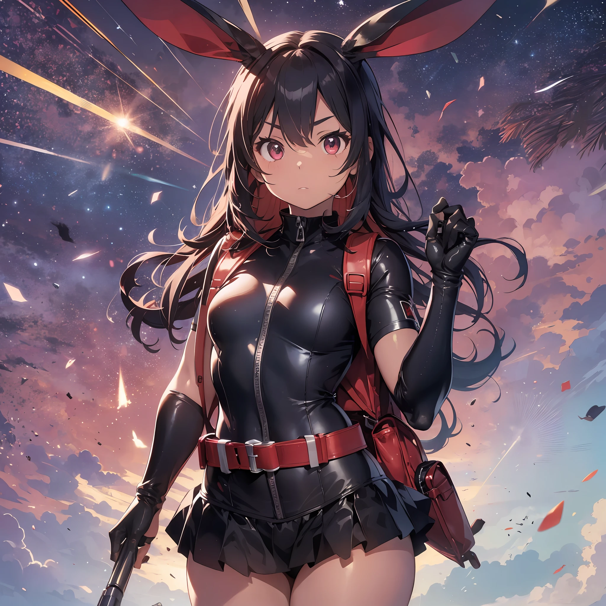 (Sunglasses: 1.2), (Red swimsuit: 1.1), School swimsuit, thick eyebrows, leather backpack, bazooka that sticks out of the backpack, carrying heavy weapons, (dark skin: 1.3), black gloves, brown skin, movie lighting, small, beautiful light pink hair, rabbit ears, (masterpiece), ((best quality)), (super detailed), glossy skin, full body anime girl, solo, clean and detailed anime face, High resolution animated eyes, five fingers, textile shading, perfect human structure, perfect anatomy,