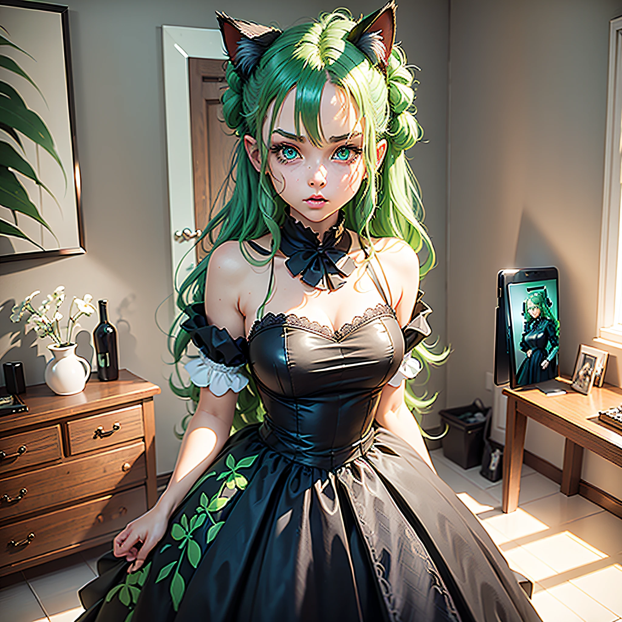 one girl, pretty, green hair, blue eyes, black maid suit, full-length, in the bedroom, white walls, (standing), two arms, two legs, cat ears, embarrassment, center screen, reddened cheeks, 5 fingers, anime style, real face, tall, 2 arms, 2 legs