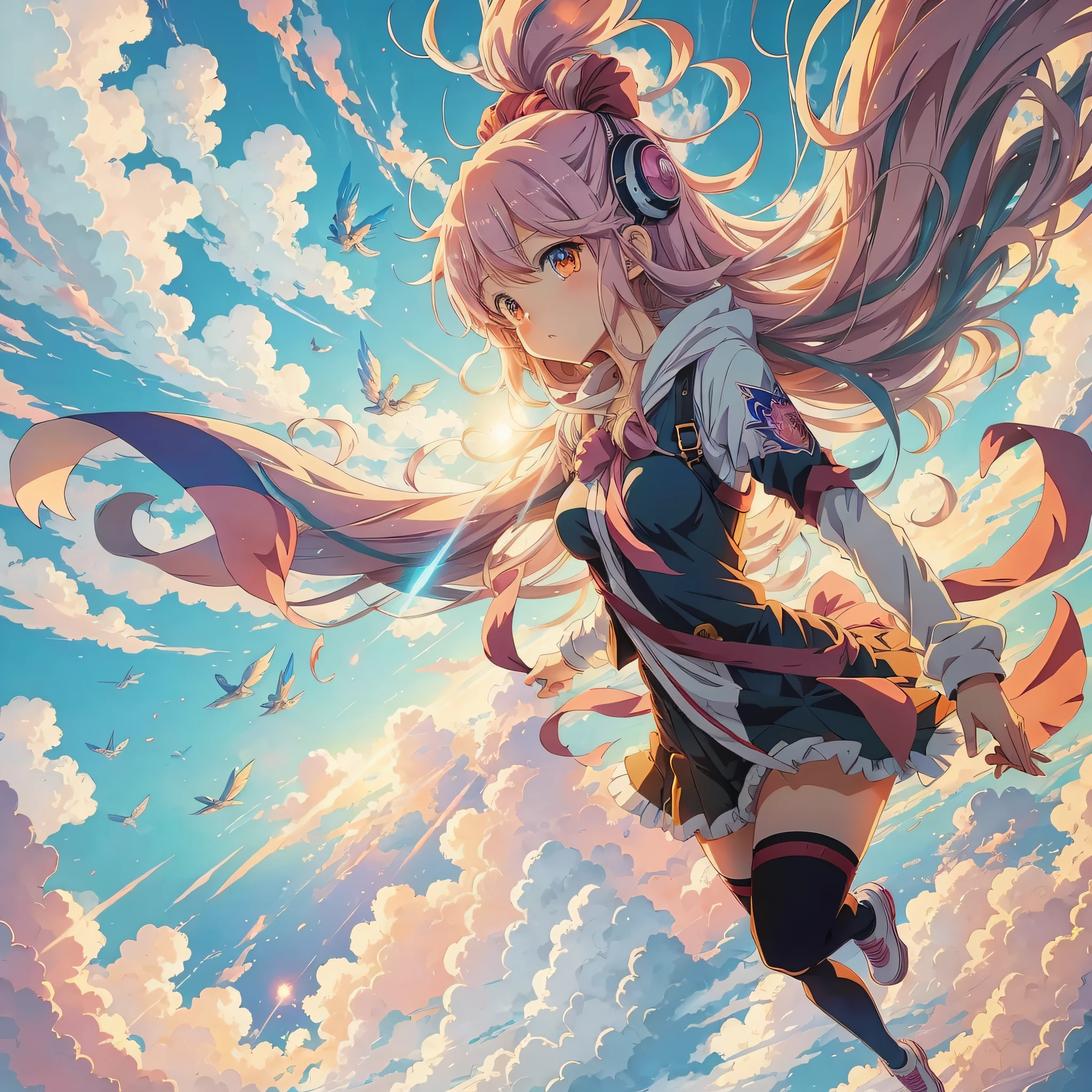 anime girl, flying, colorful sky, powerful, anime artstyle, manga --auto --s2
