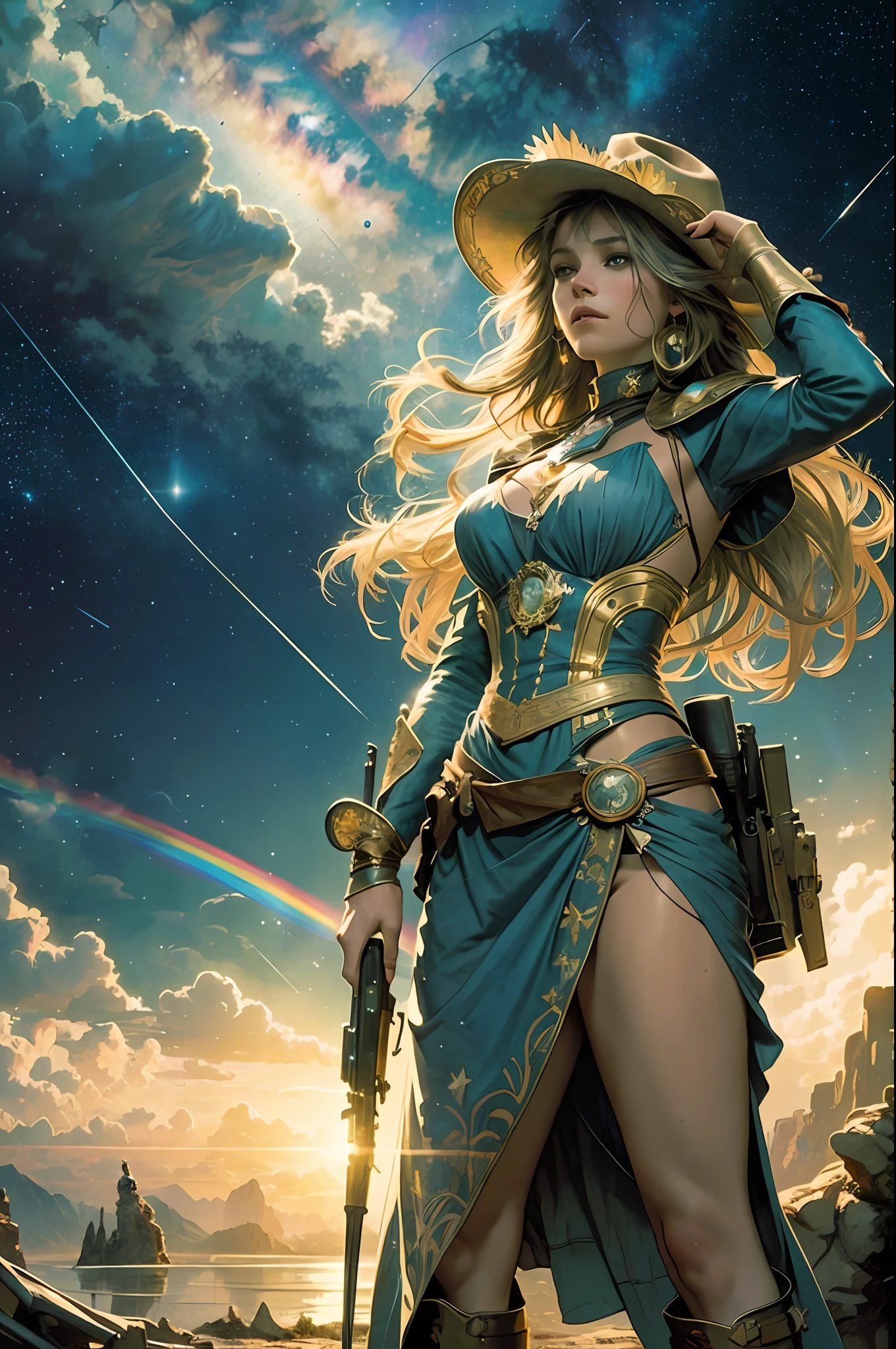 Best Quality, Best Picture Quality, Concept Art, Beautiful Girl, Pistol, Full Body, Wilderness, Night, Starry Sky, Alphonse Mucha, Dream, Rainbow, Hope, Cowboy Shot, Dynamic Composition, Looking Far