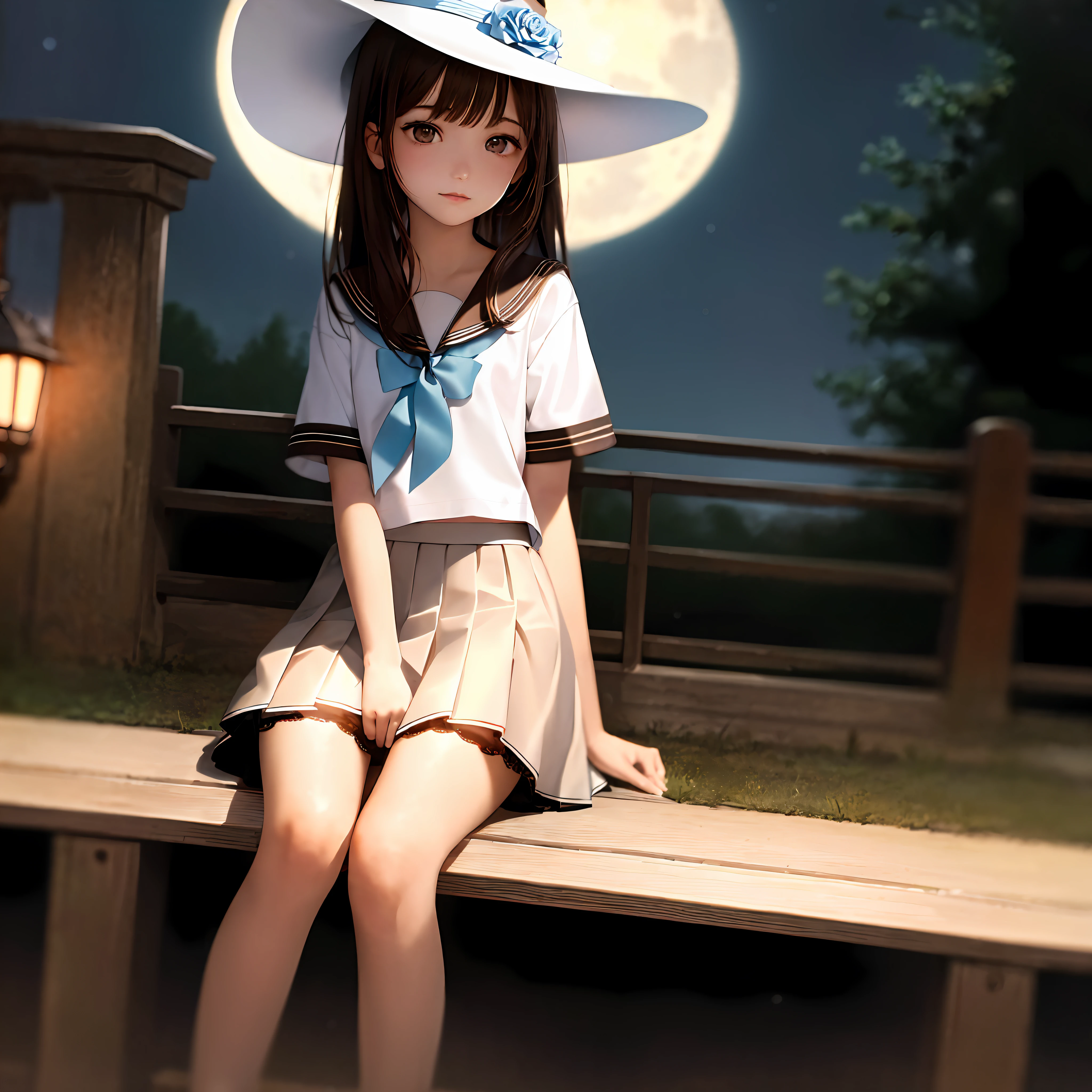 Masterpiece, Best Quality, Ultra Detailed, Illustration, Colorful, FAQ Color, Depth of Field, Lens Glow, 1girl, Anime, Seated, Brown Hair, Brown Eyes, Looking at the Audience, (Night: 1.2), (Clear Moonlight: 1.2), Garden, Rose, Sky Blue Hat, Witch Hat, White Short Sleeves, Sky Blue Skirt, Pleated Miniskirt, Serafuku, Delicate Skin Texture, Delicate Fabric Texture, Beautiful and Meticulous Face,