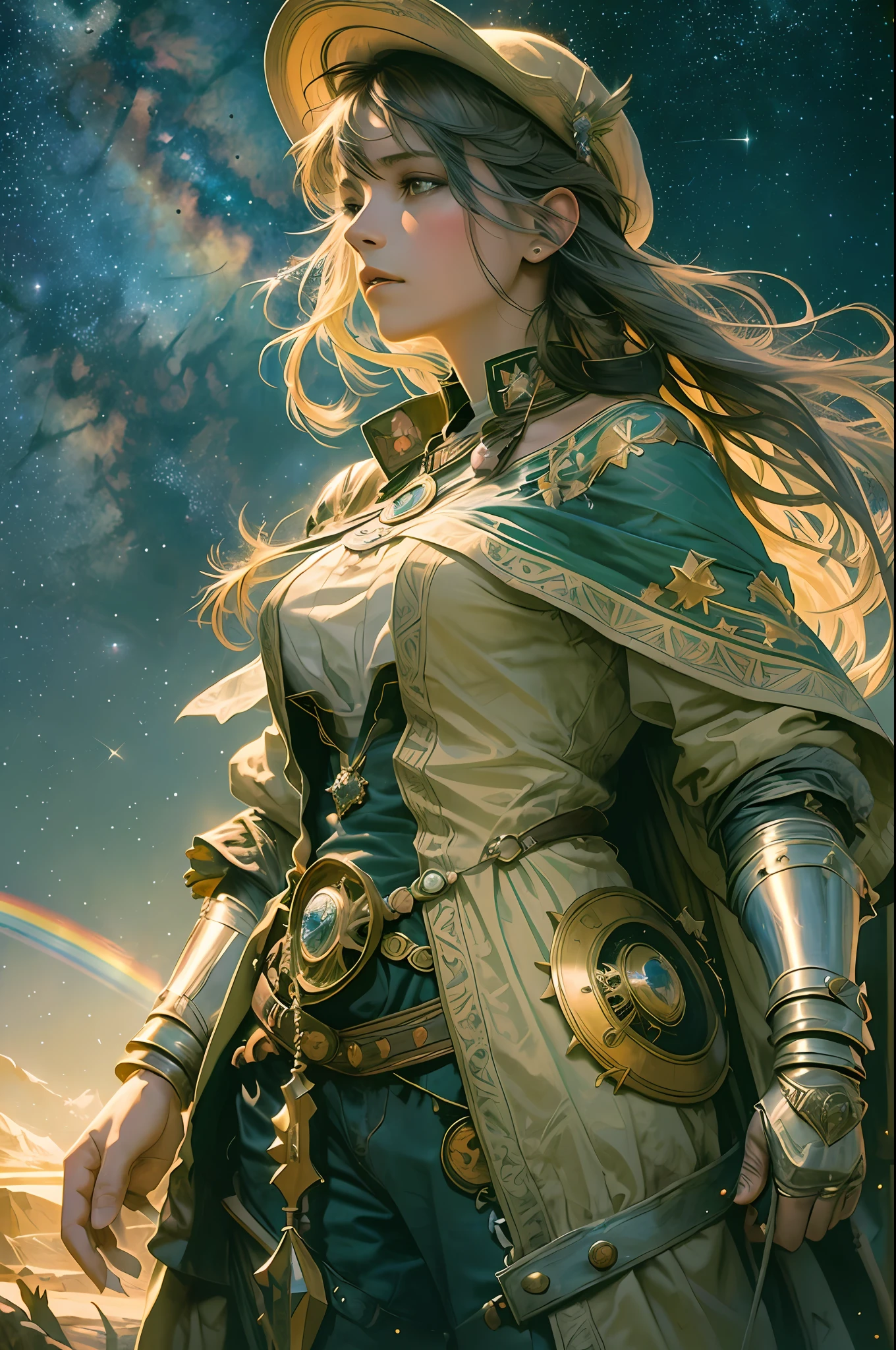 highest quality, best image quality, concept art, beautiful girl, pistol, wilderness, night, starry sky, alphonse mucha, dream, rainbow, hope, cowboy shot, dynamic composition, looking far away
