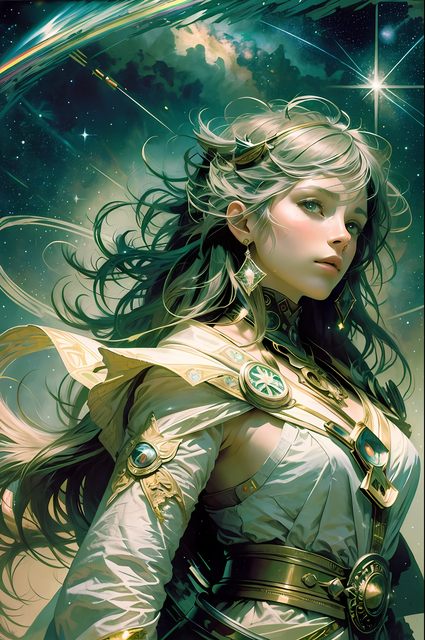 highest quality, best image quality, concept art, beautiful girl, pistol, wilderness, night, starry sky, alphonse mucha, dream, rainbow, hope, cowboy shot, dynamic composition