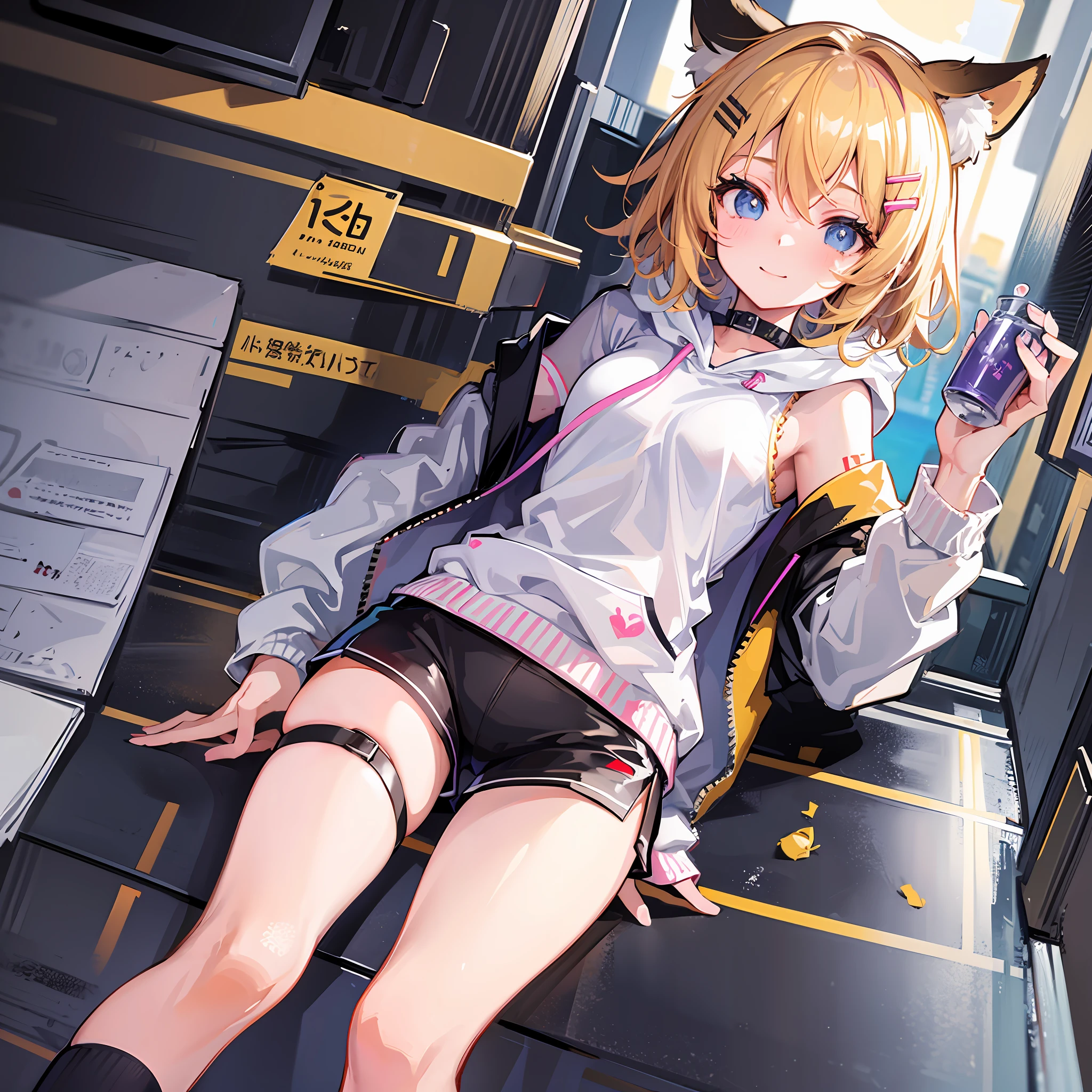 (Masterpiece), (Best Quality), (Illustration), (Super Detail), (High Resolution), Perfect Anatomy, Absurdity, One Girl, (Kagamine_Rin), (Vocaloid), Short Hair, Hair Clips, Big Smile, (Blonde), Very Cute Girl, Small, Young, Delicate, Attention to Girl, Living, Cute, She, Smile, Best Moment, , Blue Eyes, Bright Eyes, lively eyes, cute, standing, thighs, red heart on background, heart speech bubble, spoiled, innocent, love love, love viewer, clean skin, beautiful body, cute face, delicate arms, boyfriend's eyes, lively eyes, neatness, bare legs, dabo dabo hoodie, perfect hood, hoodie based on white, black shorts, cat ears, beautiful girl, light