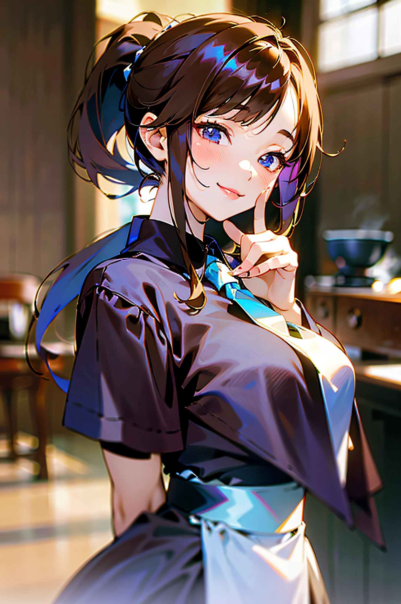 Super high resolution, korean girl, brunette hair, sister, tie hair into ponytail, smile at the narrator, hd pictures, masterpiece, (beautiful girl, café, seductive, virgin, sexy), (secretary), glowing skin, slender fingers, finger deformity, facial delicateness, facial details