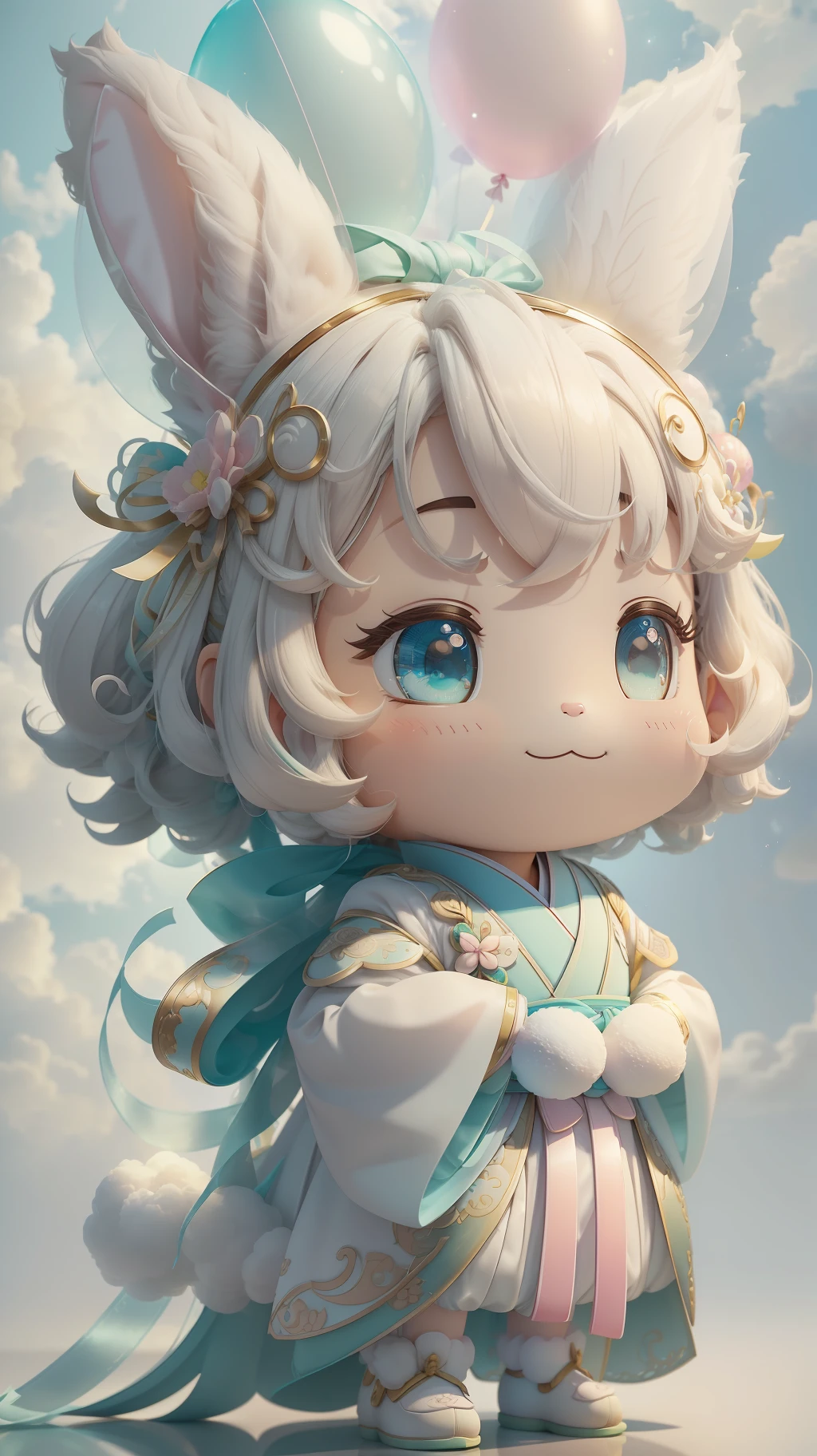 Rabbit, big ears, happy smile, (wearing Hanfu) fluffy, fluffy hair, soft ((best quality)), ((masterpiece)), (hair accessory)( extreme detail, highest detail, official art, beauty and aesthetics:1.2), depth of field, composition ( (whole body) ), (chibi), (beautiful and detailed eyes: 1.3), (very happy:1) (light mint green and gradient white), popmart blind box, clay texture, (transparent balloon, cloud decorative background), natural light, best quality, Super Detail, 3D Art, C4D, Blender, OC Renderer, 3D Rendering, 8K --auto --s2