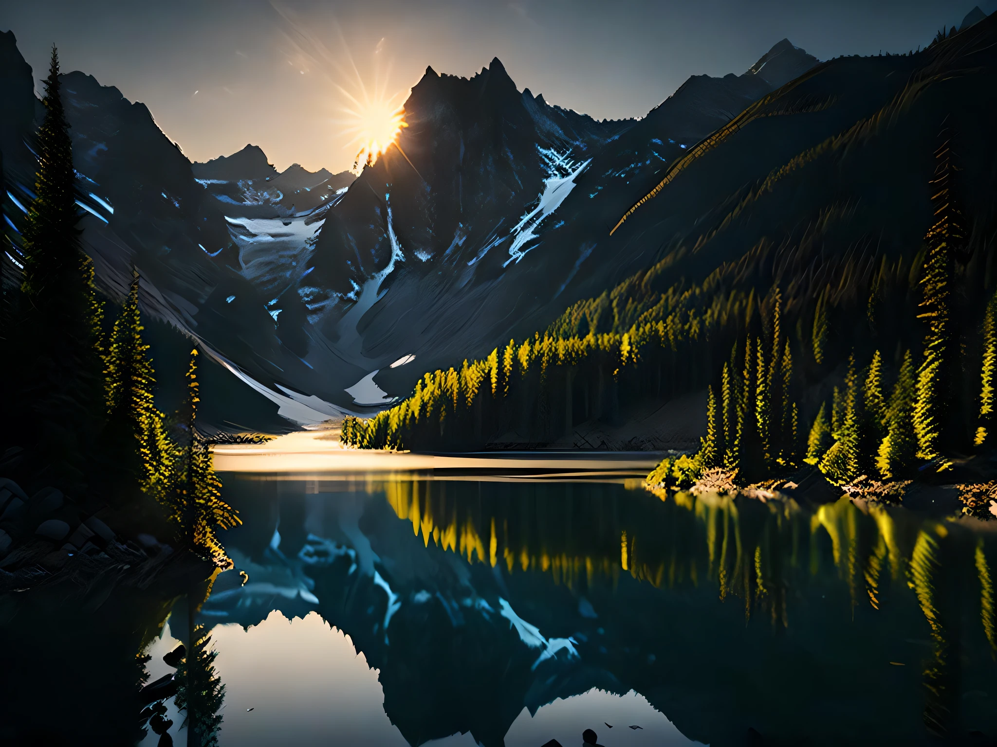 a woman, lake, bright sun, lake, glare, illumination, forest and mountains in the distance, raw photo,