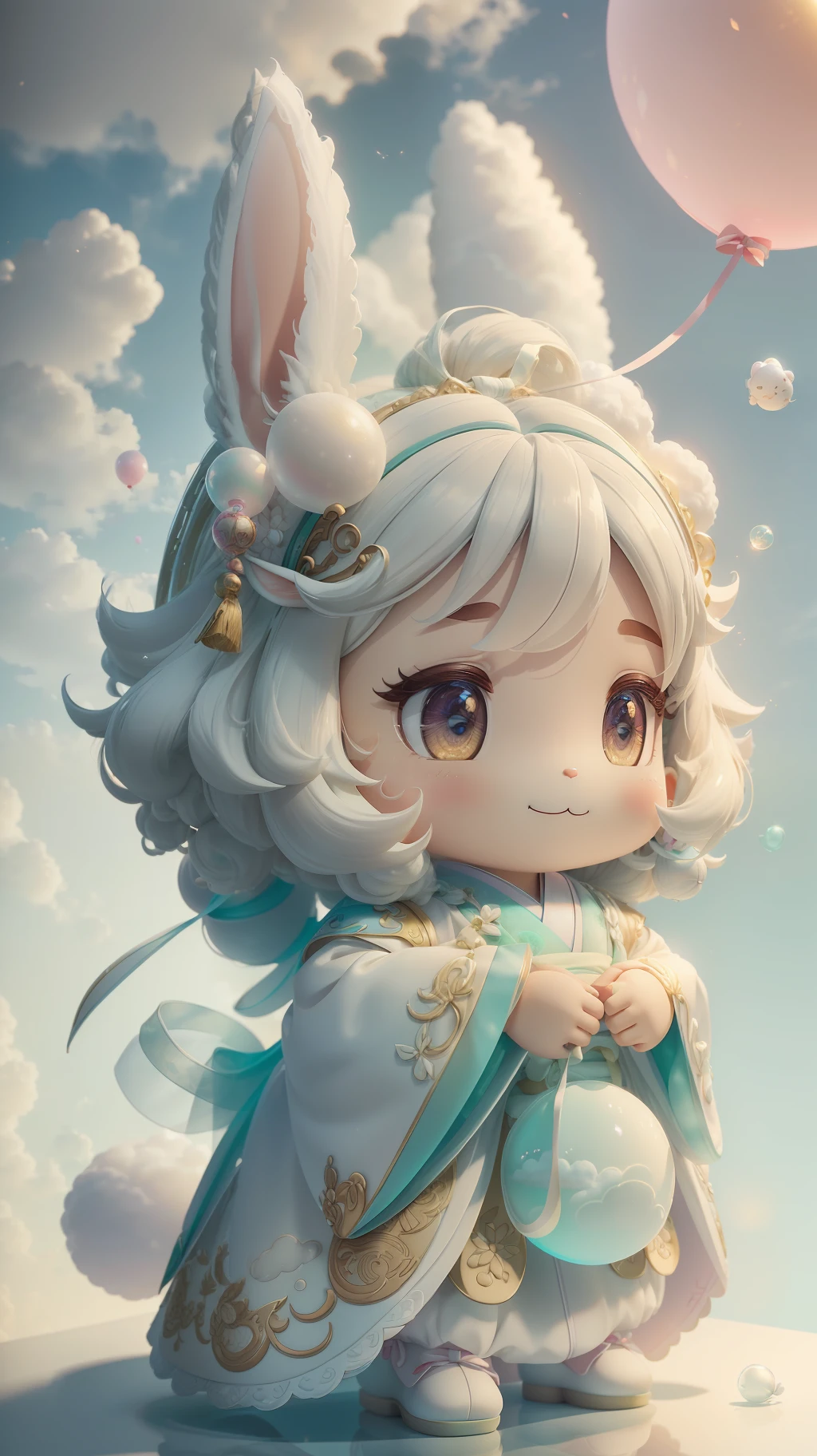 Rabbit, big ears, happy smile, (wearing Hanfu) fluffy, fluffy hair, soft ((best quality)), ((masterpiece)), (hair accessory)( extreme detail, highest detail, official art, beauty and aesthetics:1.2), depth of field, composition ( (whole body) ), (chibi), (beautiful and detailed eyes: 1.3), (very happy:1) (light mint green and gradient white), popmart blind box, clay texture, (transparent balloon, cloud decorative background), natural light, best quality, Super Detail, 3D Art, C4D, Blender, OC Renderer, 3D Rendering, 8K --auto --s2