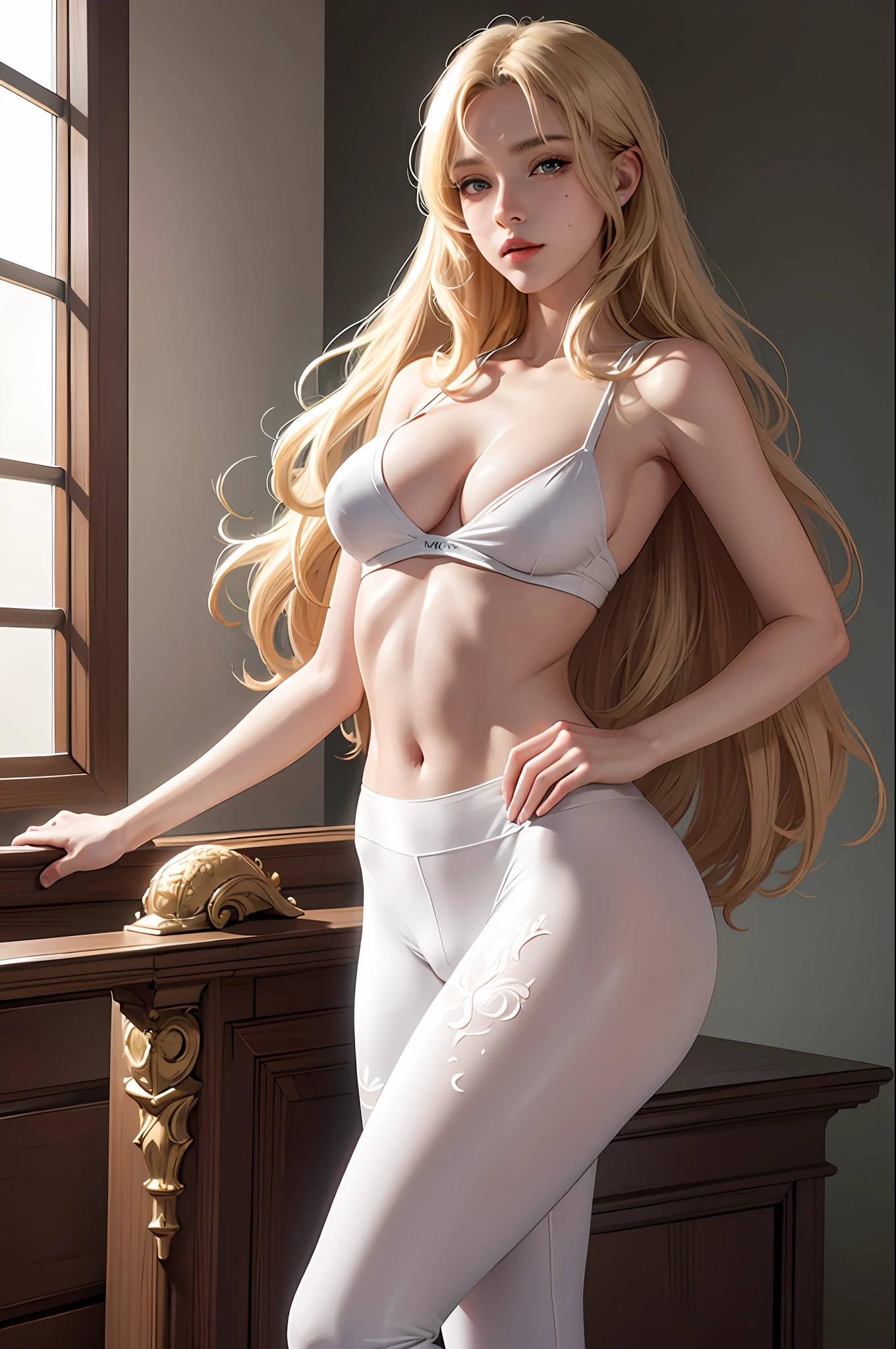 (hyperrealistic), (illustration), (high resolution), (8K), (extremely detailed), (best illustration), (beautiful detailed eyes), (best quality), (ultra-detailed), (masterpiece), (wallpaper), (detailed face), solo 1 girl, blonde wavy hair, korean, heterochromic eyes, small moles under the eyes, tight white shirt, yoga pants, big breasts, long legs, tight abs, camel toes, dynamic pose, milf