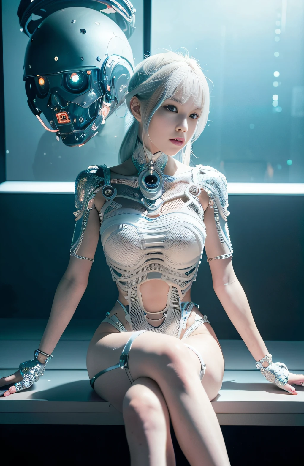 complex 3d render ultra detailed of a beautiful porcelain profile woman android face, cyborg, robotic parts, 150 mm, beautiful studio soft light, rim light, vibrant details, luxurious cyberpunk, lace, hyperrealistic, anatomical, facial muscles, cable electric wires, microchip, elegant, beautiful background, octane render, H. R. Giger style, 8k, best quality, masterpiece, illustration, an extremely delicate and beautiful, extremely detailed ,CG ,unity ,wallpaper, (realistic, photo-realistic:1.37),Amazing, finely detail, masterpiece,best quality,official art, extremely detailed CG unity 8k wallpaper, absurdres, incredibly absurdres, robot, silver halmet, full body, sitting