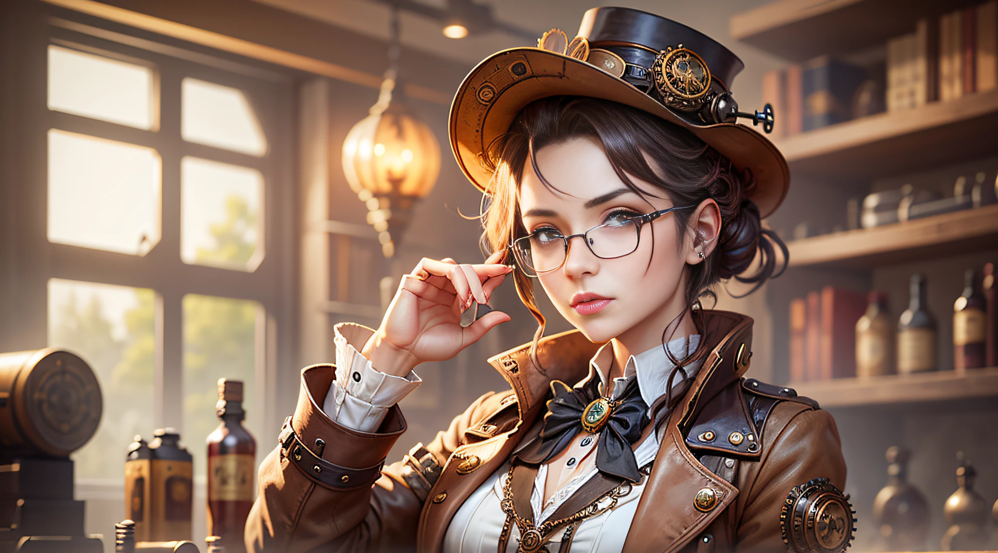 a steampunk styled scientist, young female, --ar 3:2 --auto --s2