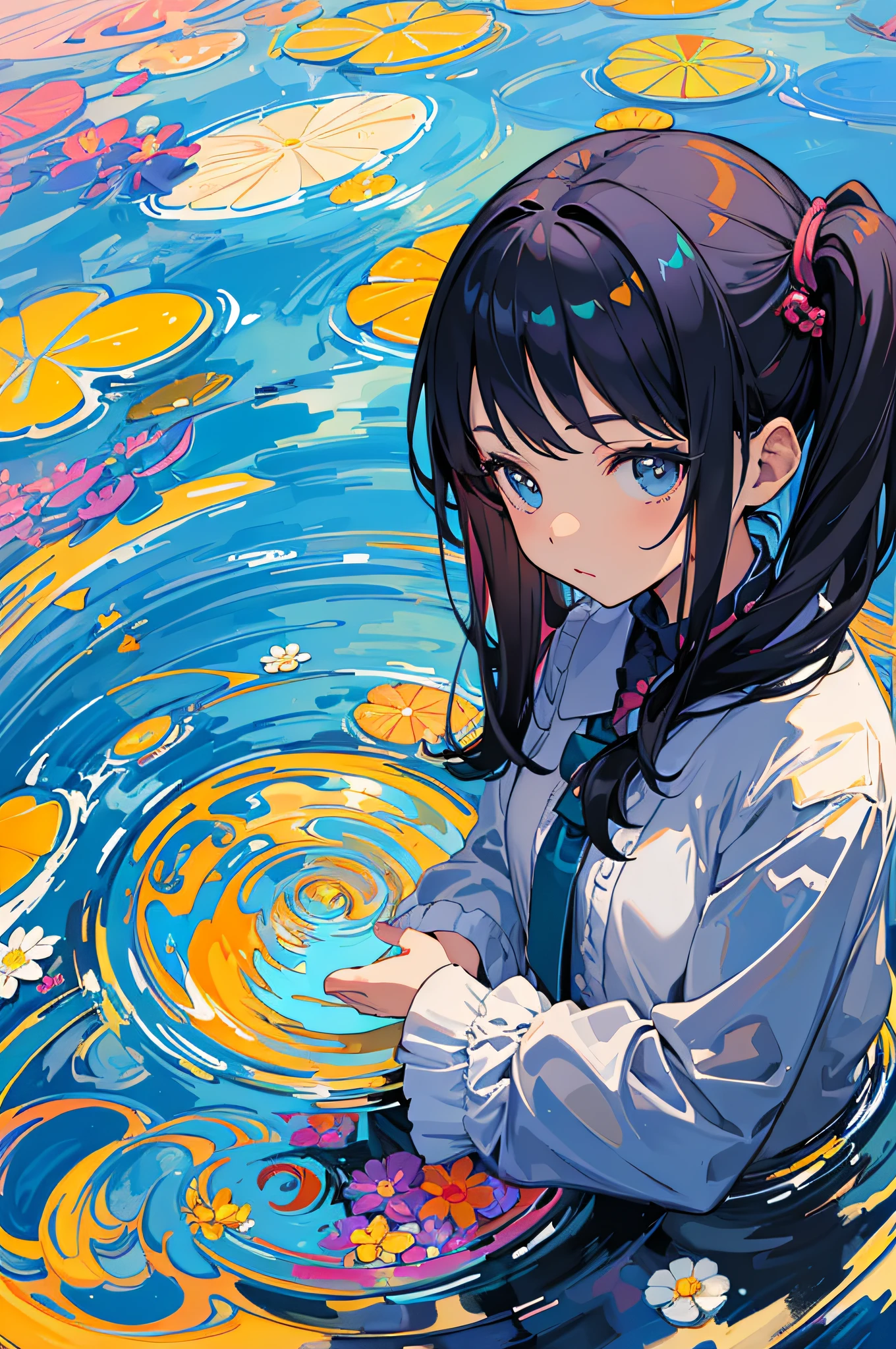 (masterpiece, best quality:1.3), (flat color:1.3),(colorful:1.3),looking at viewer,1girl,solo,floating colorful water,(2D:1.3),
