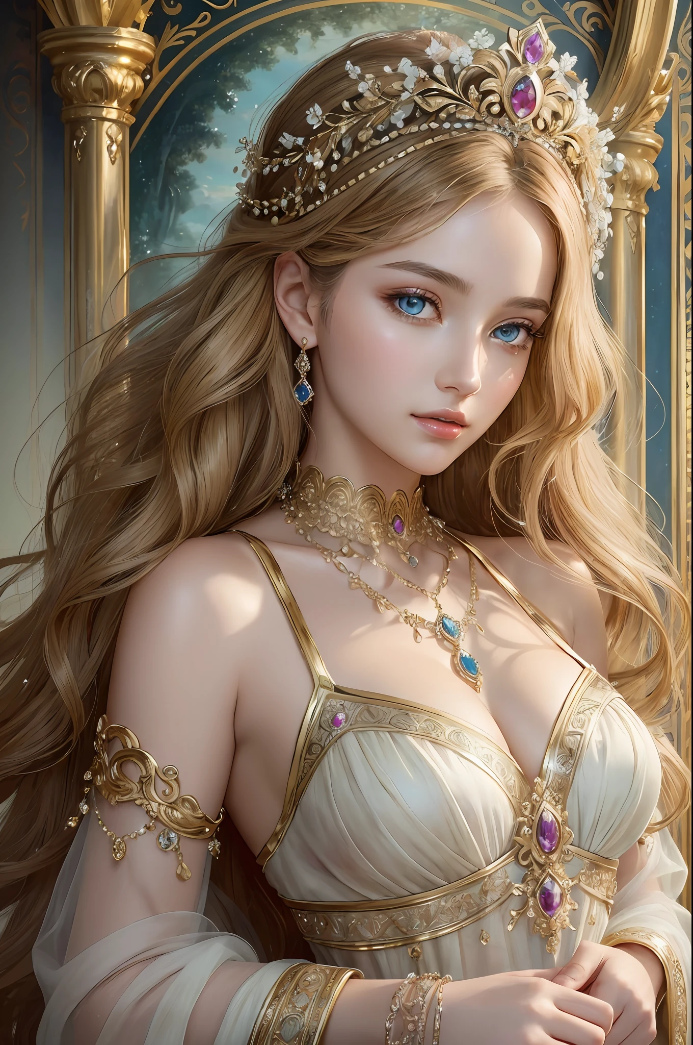 ( Absurd, High quality, ultra-detailed, masterpiece, concept art, smooth, highly detailed artwork, hyper-realistic painting )beautiful eyes(eyes detailed), Goddess, Greek mythology, Aphrodite, captivating and enchanting, commanding attention wherever she went, breathtakingly beautiful goddess with flawless features, skin was described as radiant and fair, often compared to the softness of freshly bloomed flowers, hair was a prominent aspect of her beauty. It was typically depicted as lustrous and flowing, often cascading in waves or curls down her shoulders and back, her hair color is golden blonde, eyes were described as enchanting and alluring, drawing others in with their depth and intensity. Aphrodite’s gaze had the power to captivate and inspire love in those who looked upon her, wearing elegant and ethereal garments. She adorned herself with exquisite jewelry, including necklaces, bracelets, and intricate accessories