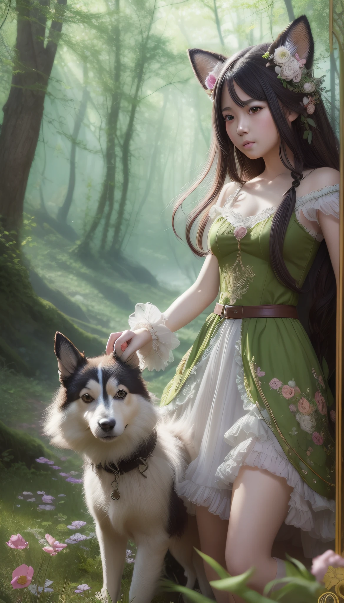araffe girl in a fairy dress holding a dog in a forest, fantasy art style, digital fantasy art ), wlop and ross tran, artwork in the style of guweiz, ross tran 8 k, beautiful fantasy art, trending digital fantasy art, beautiful digital artwork, 8k high quality detailed art, ross tran and wlop, by Yang J
