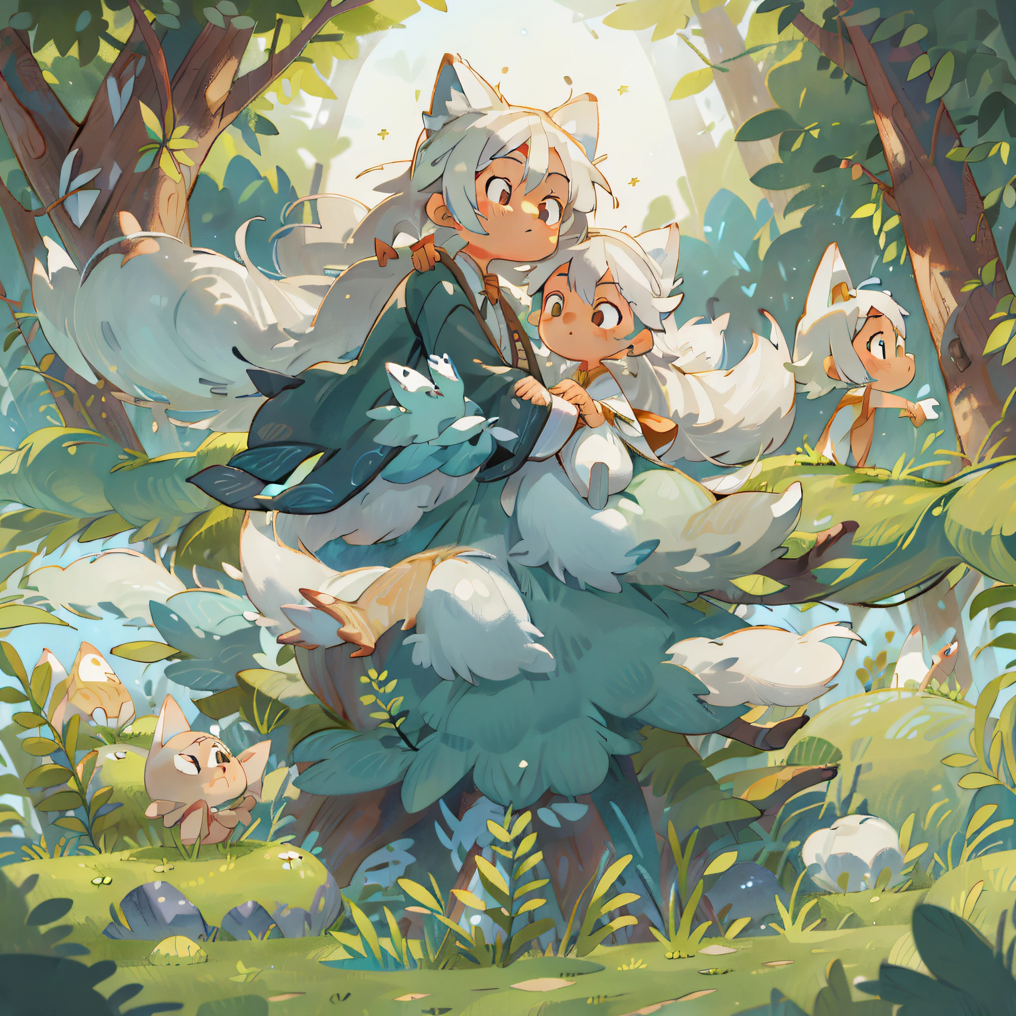 The background is a super large moon, a fox with white hair sitting on a branch under the stars, a little boy, an ethereal fox, a nine-tailed fox, a dreamy, a thousand-year-old fox demon, Onmyoji detailed art, nine tails, beautiful artwork illustrations, mythical creatures, foxes, beautiful digital artwork, exquisite digital illustrations,