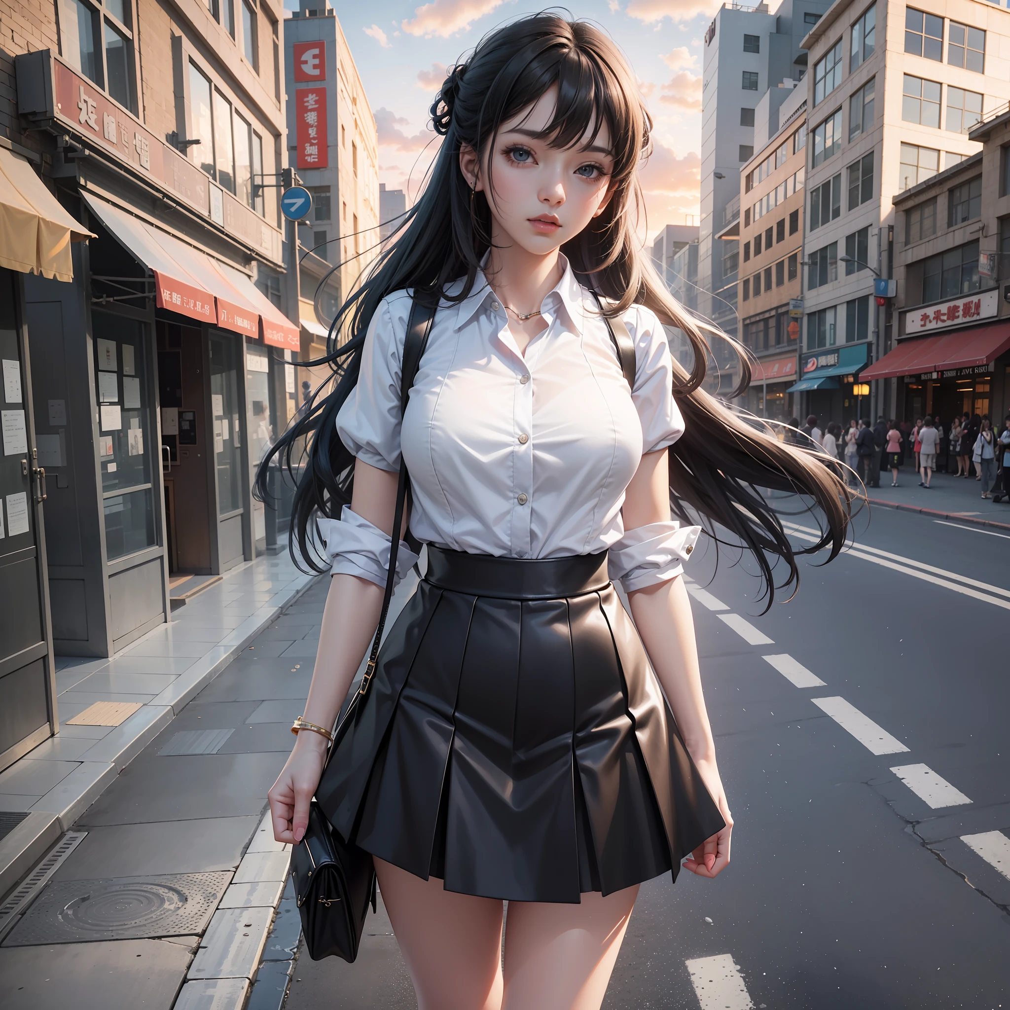 There is a woman walking down the street in a short skirt, popular on cgstation, realistic anime 3D style, Guvez style artwork, Guwiz, 3D anime reality, Sakimichan HDRI, by Yang J, beautiful digital artwork, trending in CGSTATION, Guwiz on ArtStation pixiv, watching the sunset --auto --s2