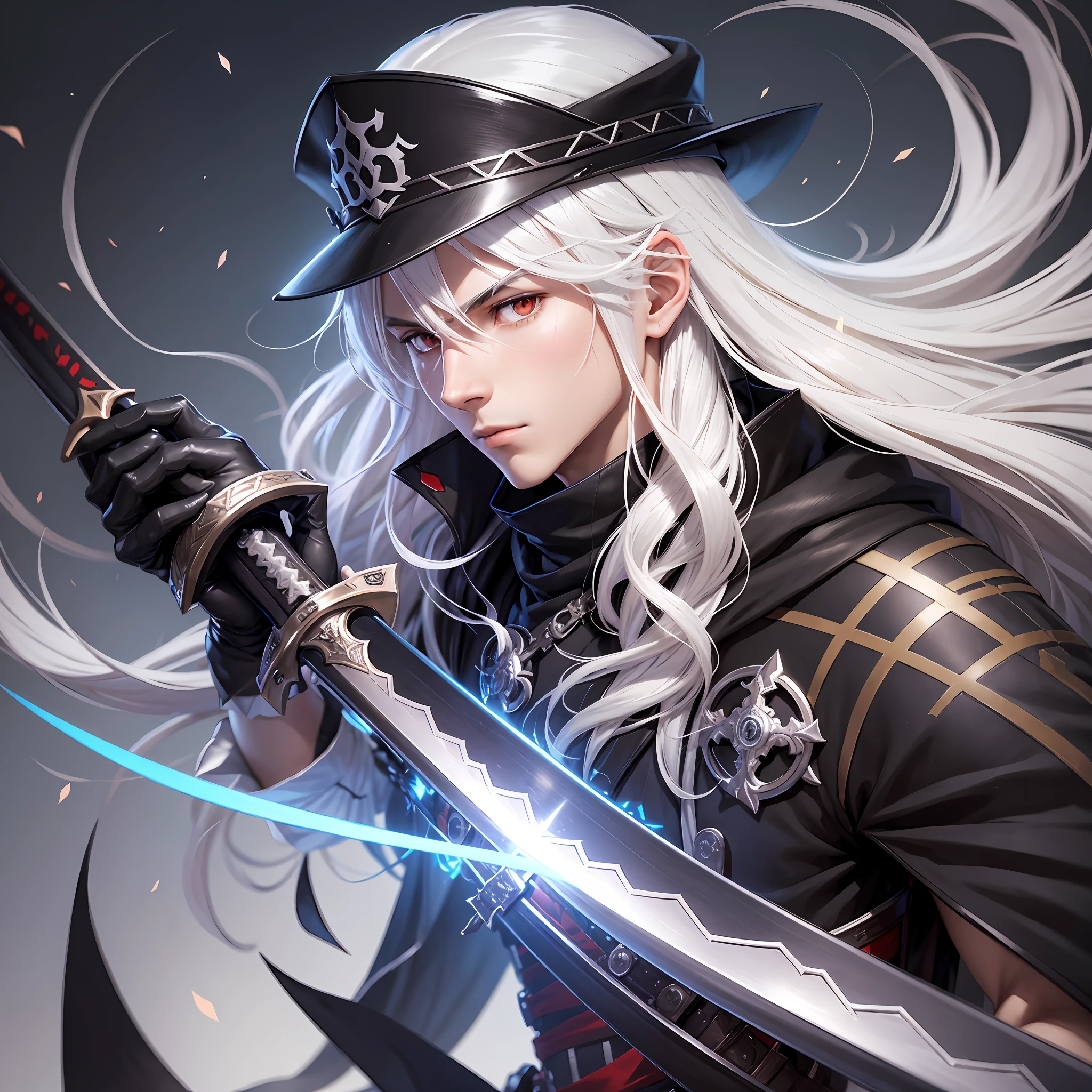 Beautifully illustrated, high quality, exquisite details, sword theme, (single), anime boy with long white hair, black headwear cape, frontline style, close-up of detailed anime male character art holding a sword, an avant-garde assassin, frontline CG, from ark night, anime styles such as fate / stay night, sword anime, upper body, rogue anime boy, night core, perfect white-haired boy, male anime character, upper body, kantai collection style --auto --s2