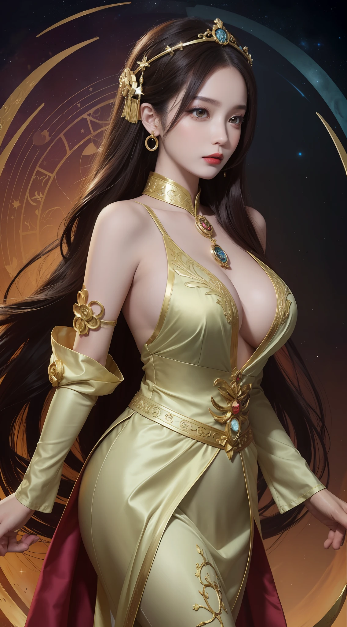 1 goddess of the zodiac from the future, wear the ao dai of the goddess of the zodiac to cover her chest, the goddess of the zodiac wears a bright yellow gold bodice, the goddess radiates a bright pink purple zodiac aura, the stars have the shape of the 12 zodiac signs, the goddess of the zodiac wearing a golden zodiac ao dai with many black details, the mythical goddess of the 12 zodiacs from the future, Zodiac sign ♏, zodiac style, dark and mystic version, Plump boobs, Red lips are balanced and very beautiful, character by karol bak and pino daeni, intricate details, detailed background, many object of background, extra highly detailed, magic lighting, a woman, clearly drawn face, beautiful face and symmetry eyes, big round eyes and very beautiful and detailed makeup, distant focus, silk clothing, mystic adornment, upper body portrait, arms loose, Realistic and vivid photo, (stars that make up the zodiac: 1.7), (zodiac sky background and fantasy portal of space and time: 1.8 ), fiction art, RAW images, style fantasy hanfu, long sleeves that cover 2 hands, 2 outstretched arms,