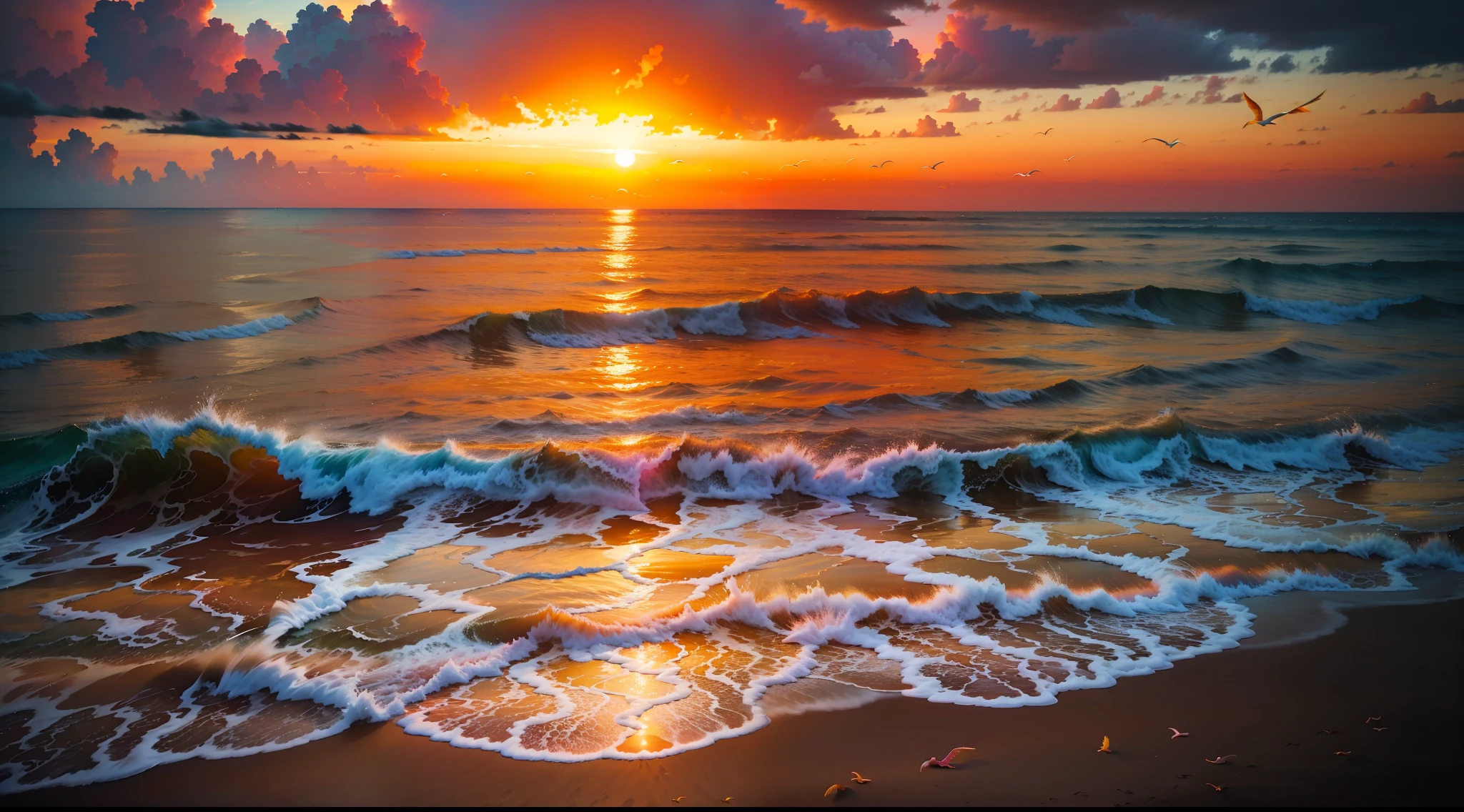 An absolutely mesmerizing sunset on the beach, with a mix of orange, pink, and yellow in the sky. The water is crystal clear, gently kisses the coast, and the white sand is endless. The scene is dynamic and breathtaking, with seagulls soaring high in the sky and palm trees swaying softly. Immerse yourself in the calm atmosphere and let the serenity surround you.