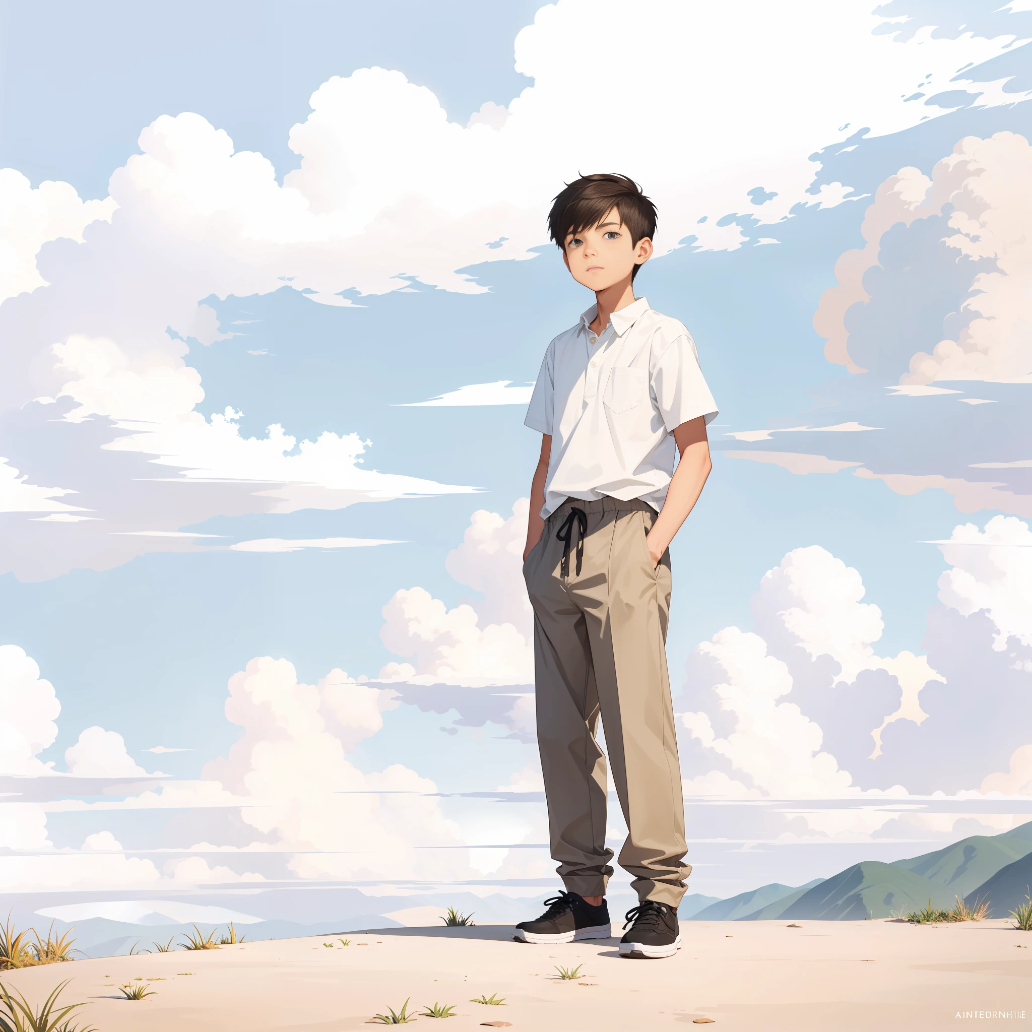 1boy, (ink primitive art: 1.2), (line art: 1.33), (best quality, masterpiece), superlative, teenage male, boy, boy, short hair, white skin, white shirt, trousers, muscles, petite, bright, clouds, wind, urban, colorful, outdoor, full body, simple background, brunette hair (beautiful detailed face, beautiful detailed eyes), hands relaxed, head slightly raised,